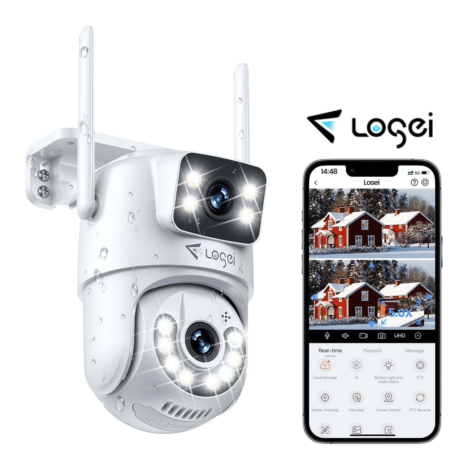 Losei 8MP/4K Outdoor Smart Security Camera with Light Alarm,Color Night Vision,2.4G WiFi,Motion Detection,IP66 Weatherproof , 360¡ã View ,Home Surveillance System Camera,24/7 Record,Two-Way Audio