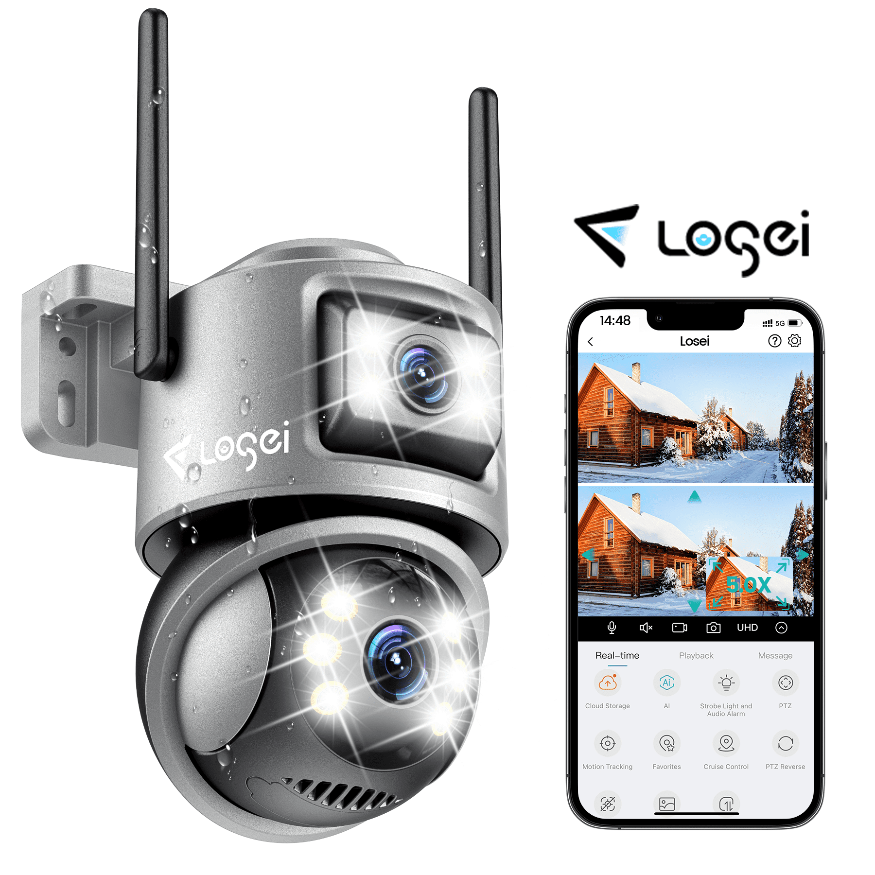 Losei Home Security 4K 8MP Outdoor Night Vision, Motion Detection,IP66 Weatherproof, Two-Way Audio Camera, Gray
