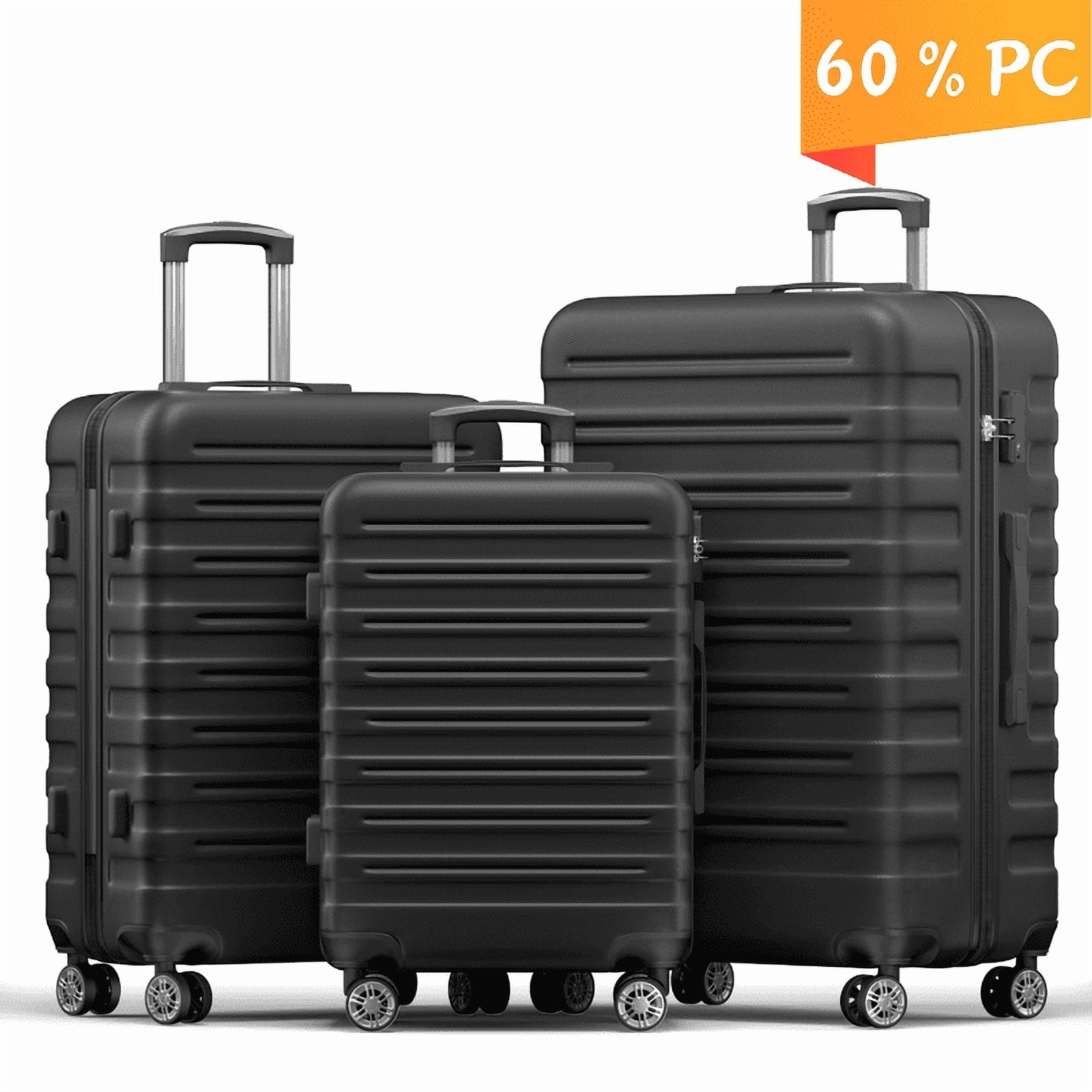 Luggage Sets 3 Piece Hardside with Spinner Wheels 60%PC ABS Suitcase with TSA Lock 20 24 28 inch Carry on Luggage Black