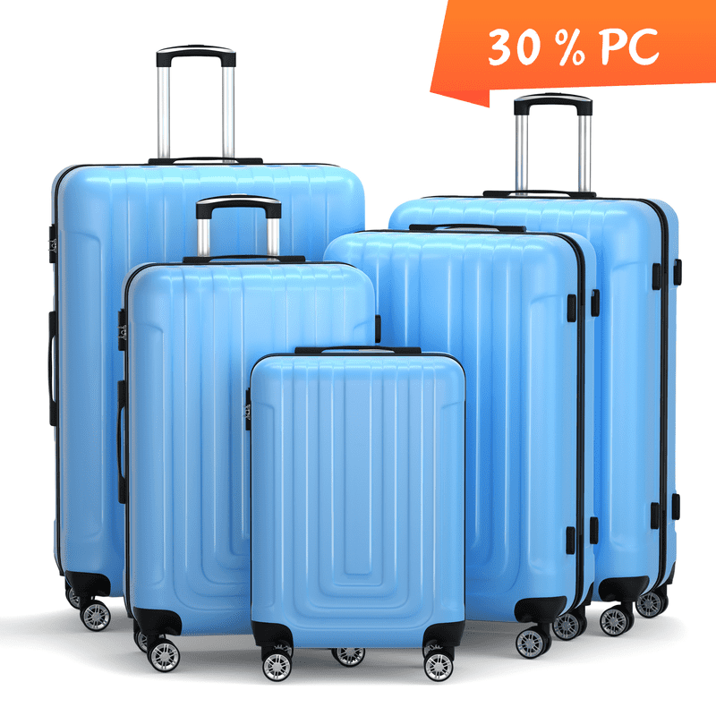Luggage Sets 5 Piece Hardshell with TSA Lock 30%PC ABS Suitcase with Spinner Wheels 20 26 28 30 32 inch Carry on Luggage Blue