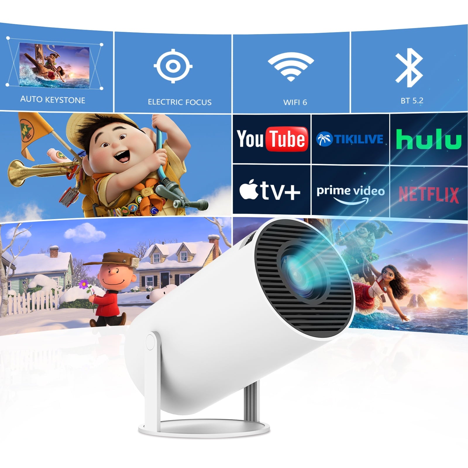 Mini Projector with Bluetooth and WiFi 6, 4K 1080P Support Portable Home Theater Projector for  Laptop, PC, Smartphone