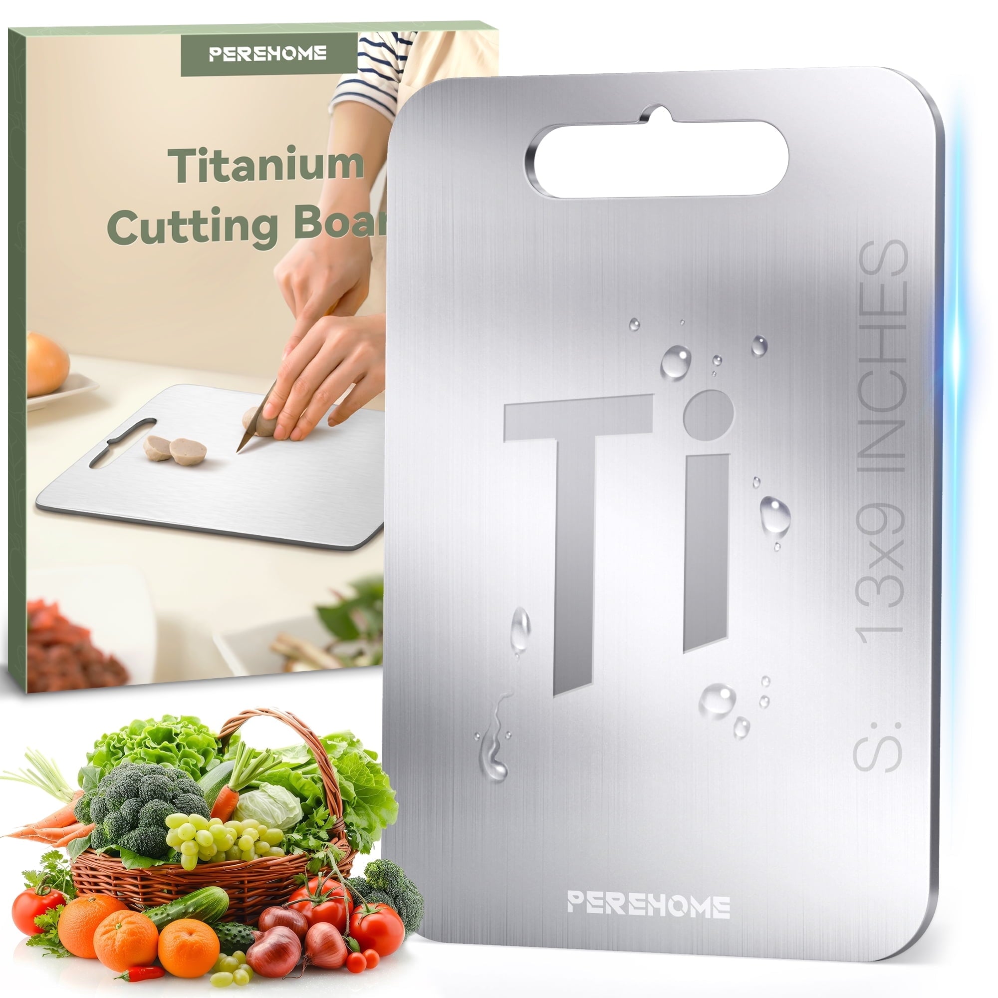 PEREHOME New Titanium Cutting Boards - 100% Pure Titanium Cutting Boards for Kitchen, Cutting Board Double Sided Food Grade, Chopping Boards with Handle For Meats, Fruits, Vegetables