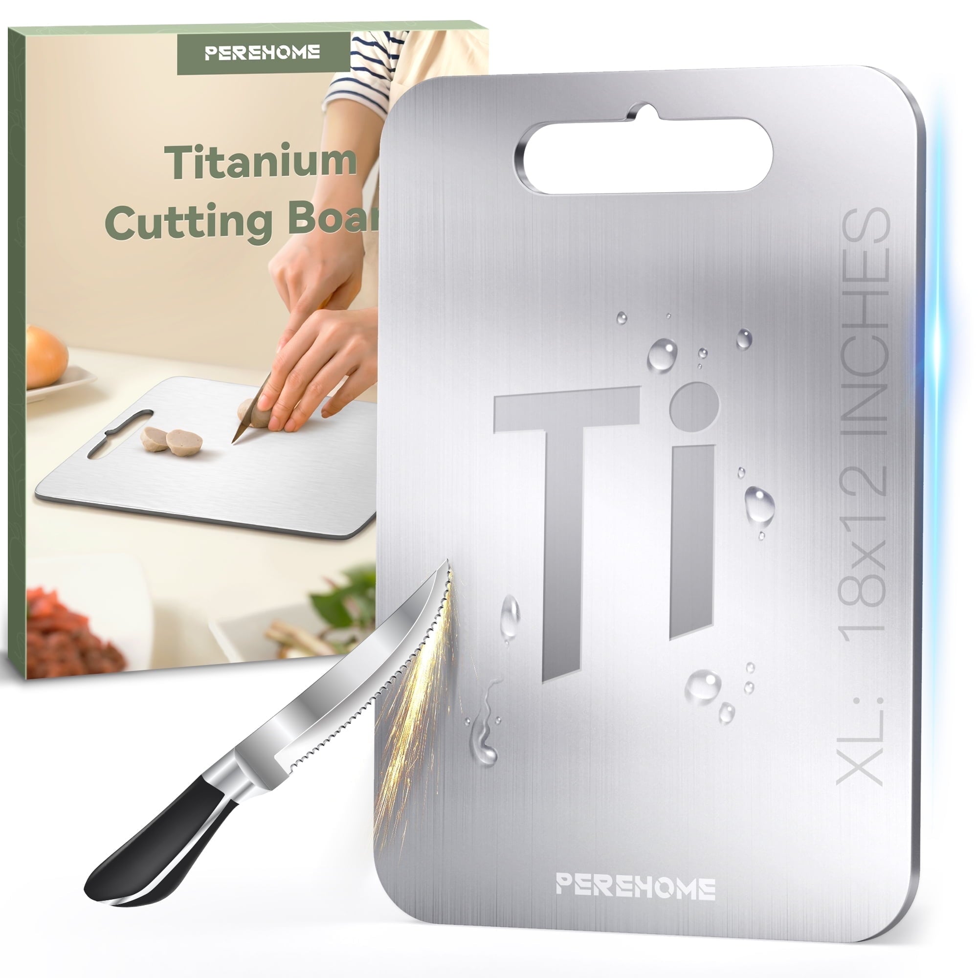 PEREHOME New Titanium Cutting Boards-Pure Titanium Cutting Boards for Kitchen, Cutting Board Double Sided Food Grade, Chopping Boards with Handle For Meats, Fruits, Vegetables