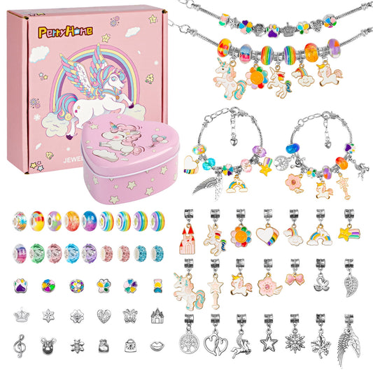 PERRYHOME Charm Bracelet Making Kit for Girls, 62 Pcs Unicorn Jewelry Making Kit with Beads, Bangles, Charm & Gift Box, DIY Arts and Crafts Kit Jewelry Making Supplies Gift Toy Set for Girls Age 3-12