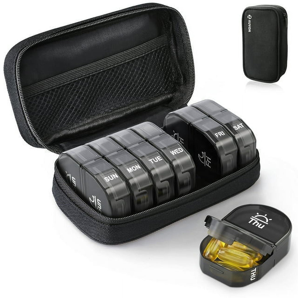 Pill Box Weekly Pill Organizer 2 Times a Day Canvas Bag, Large AM/PM Pill Box 7 Day with Portable Zipper Cloth Bag