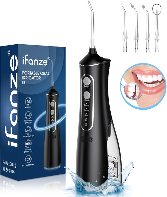 Posrue Cordless Water Flosser, Professional Dental Oral Irrigator, 4 Modes, 4 Jet Tips, Rechargeable, 300ml Tank, IPX7 Waterproof, 360¡ã Rotating Nozzle for Home Office Travel