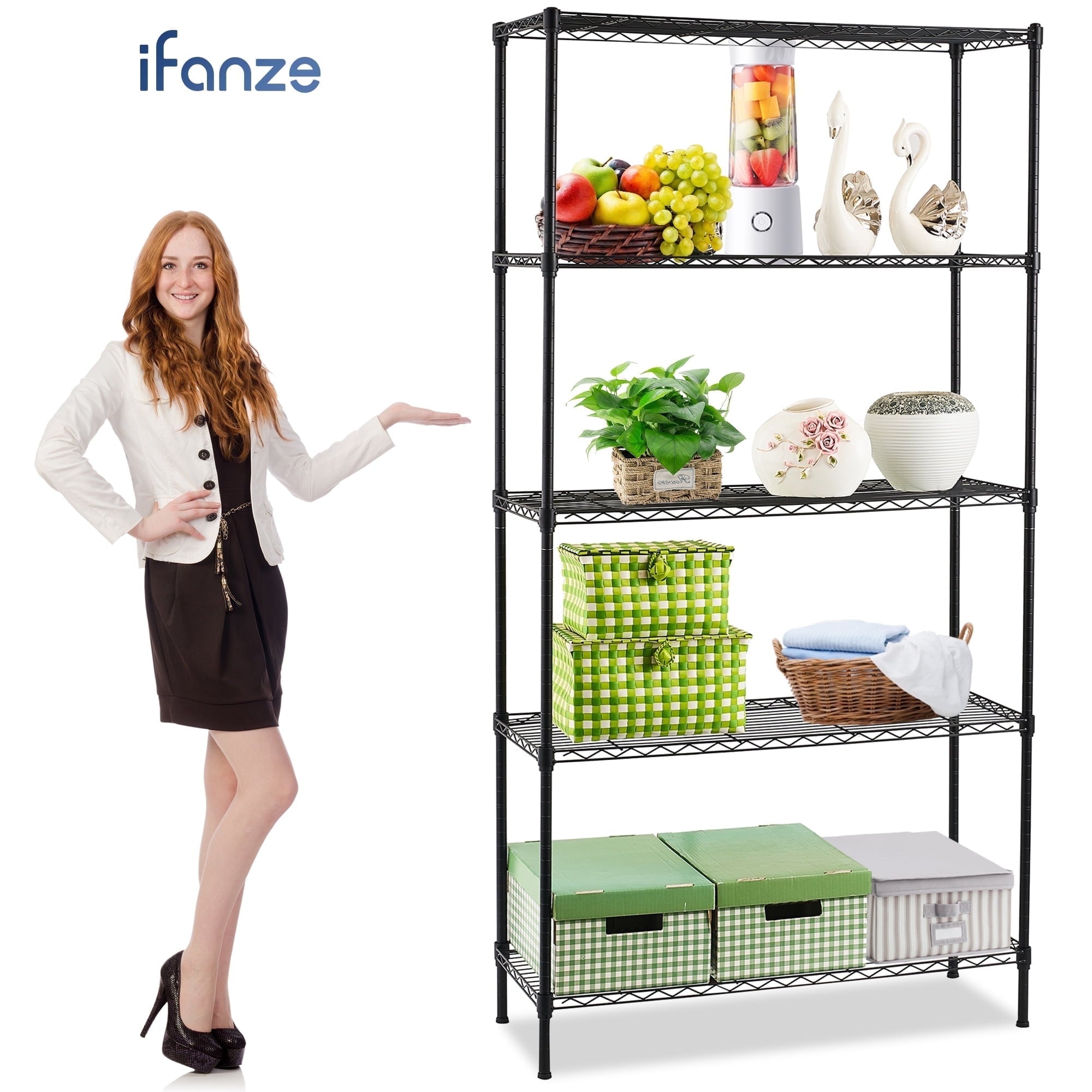 Qunler 5-Tier Storage Shelf Unit, 72\"H x 36\"L x 14\"W Metal Wire Shelving Rack for Kitchen Garage Living Room, Adjustable Layer Height, 750lbs Capacity, Black