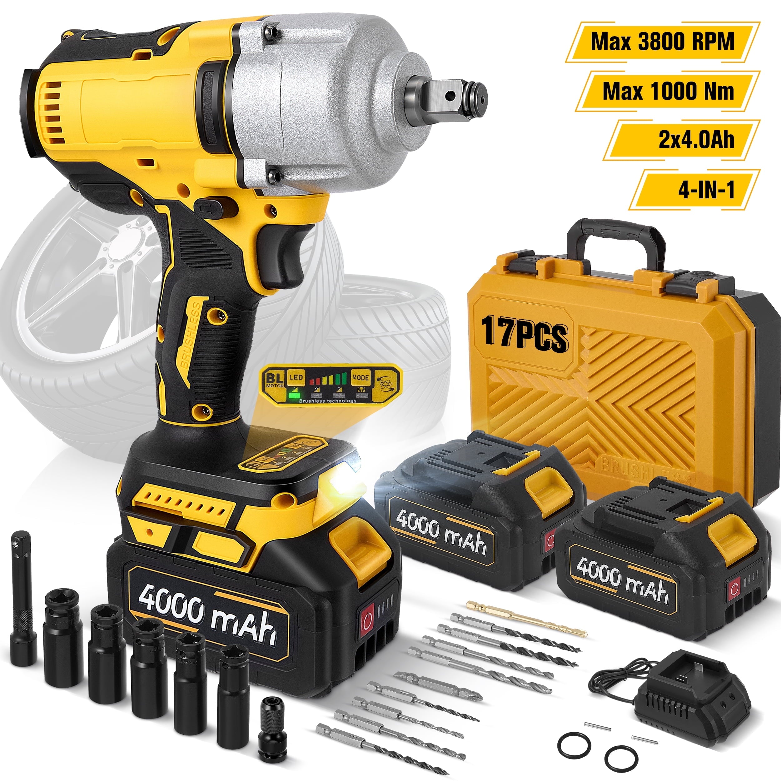 RELOIVE 1/2\" Cordless Impact Wrench, Max Torque 737.562 ft-lbs(1000 N.m),3800 RPM Brushless Motor, 2 x 4.0Ah Batteries, 3 Speed Modes with Stepless Adjustment, Power Impact Wrench for Home, Car, Tire