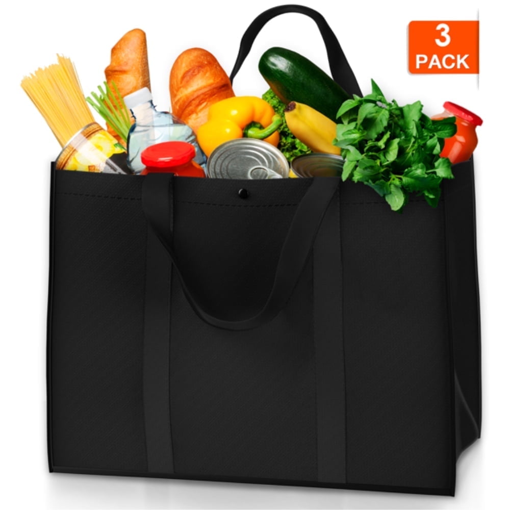 Reusable Grocery Bags,3 Pack Foldable Heavy Duty Shopping Bags,Washable Large Storage Reusable Bags,Strong Grocery Tote Bag with Reinforced Handles,Thick Plastic Support Bottom,Black