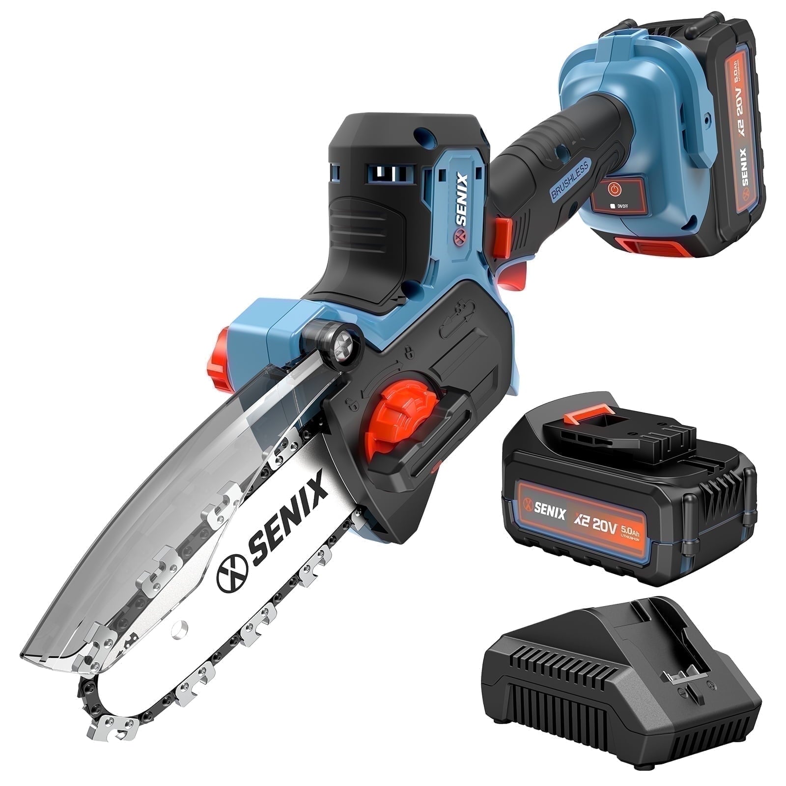 SENIX 20V Brushless Mini Chainsaw - 5\" Cordless Electric Chainsaw, Most Powerful Motor & Longest Runtime in Class, 5800 RPM, 106 Cuts per Charge, for Pruning, Trimming, Wood Cutting