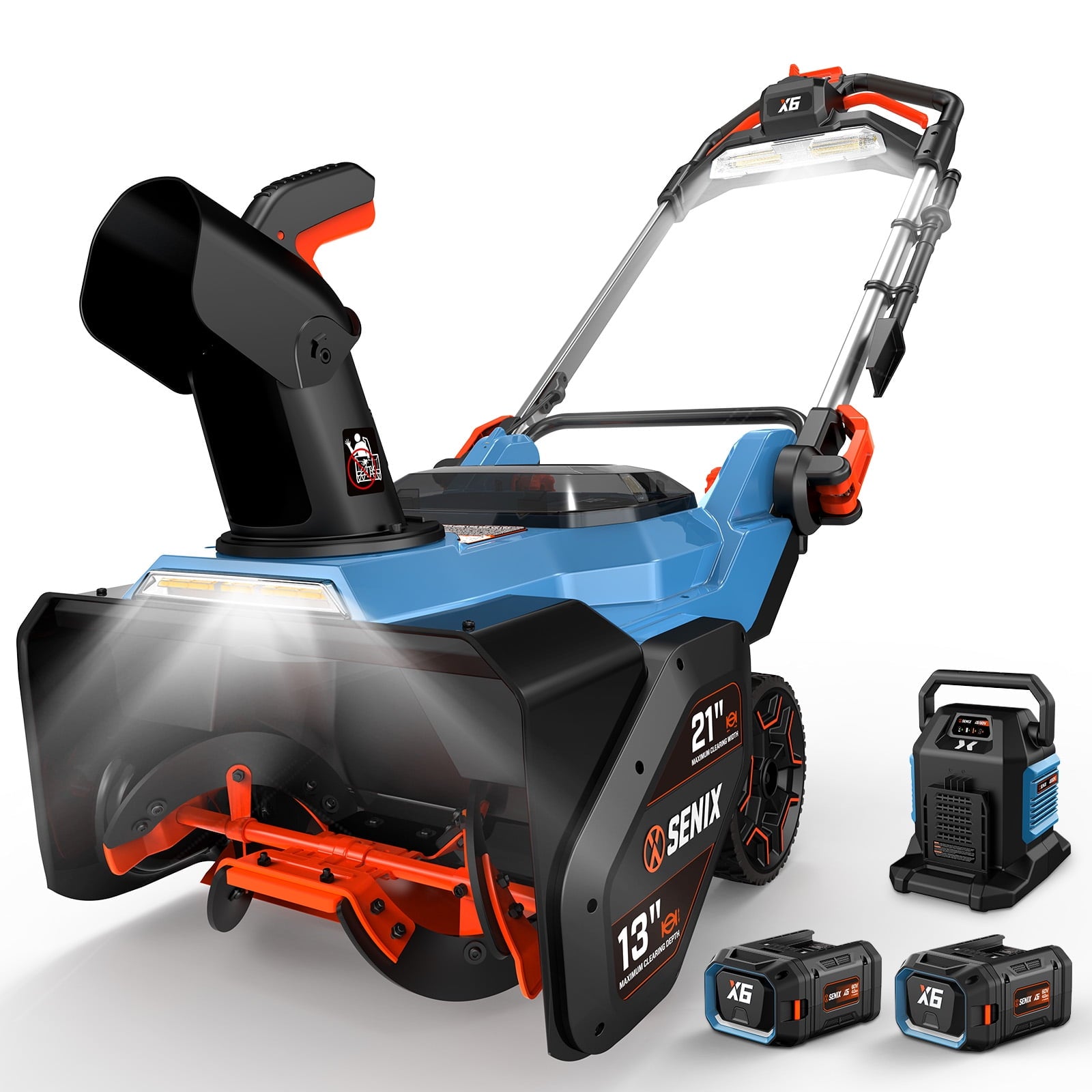 SENIX 21\" 60V Cordless Single-Stage Snow Blower ¨C 13\" Depth, 45' Throw Distance, Heated Handles, LED Lights, Variable Speed (STX6-H)