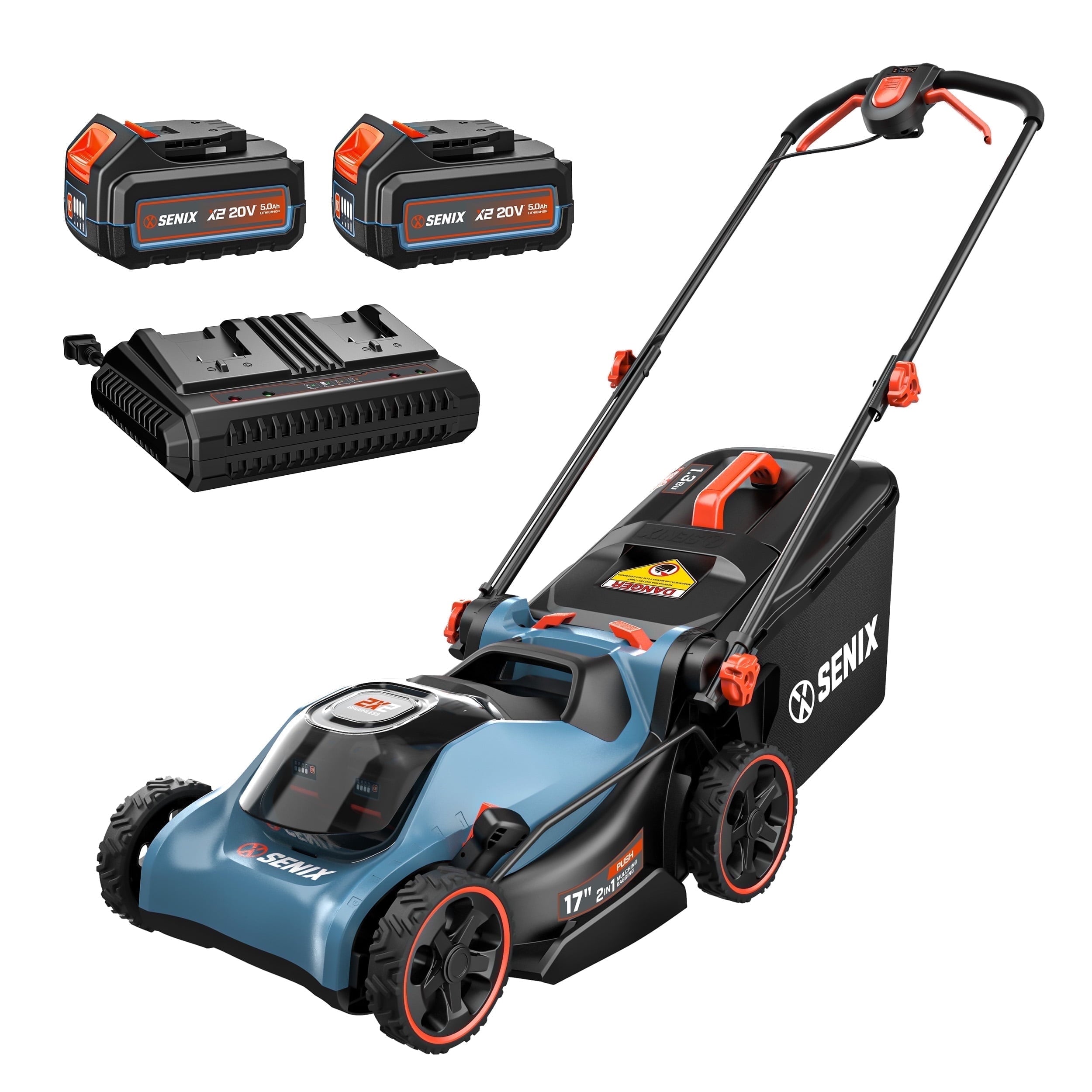 SENIX 40V Brushless 18in Deck Battery  Lawn Mower, 17in Cutting Blade, 2-in-1 Mulching & Bagging Cordless Push Mower, 6-position Adjustment, LPPX2-M5