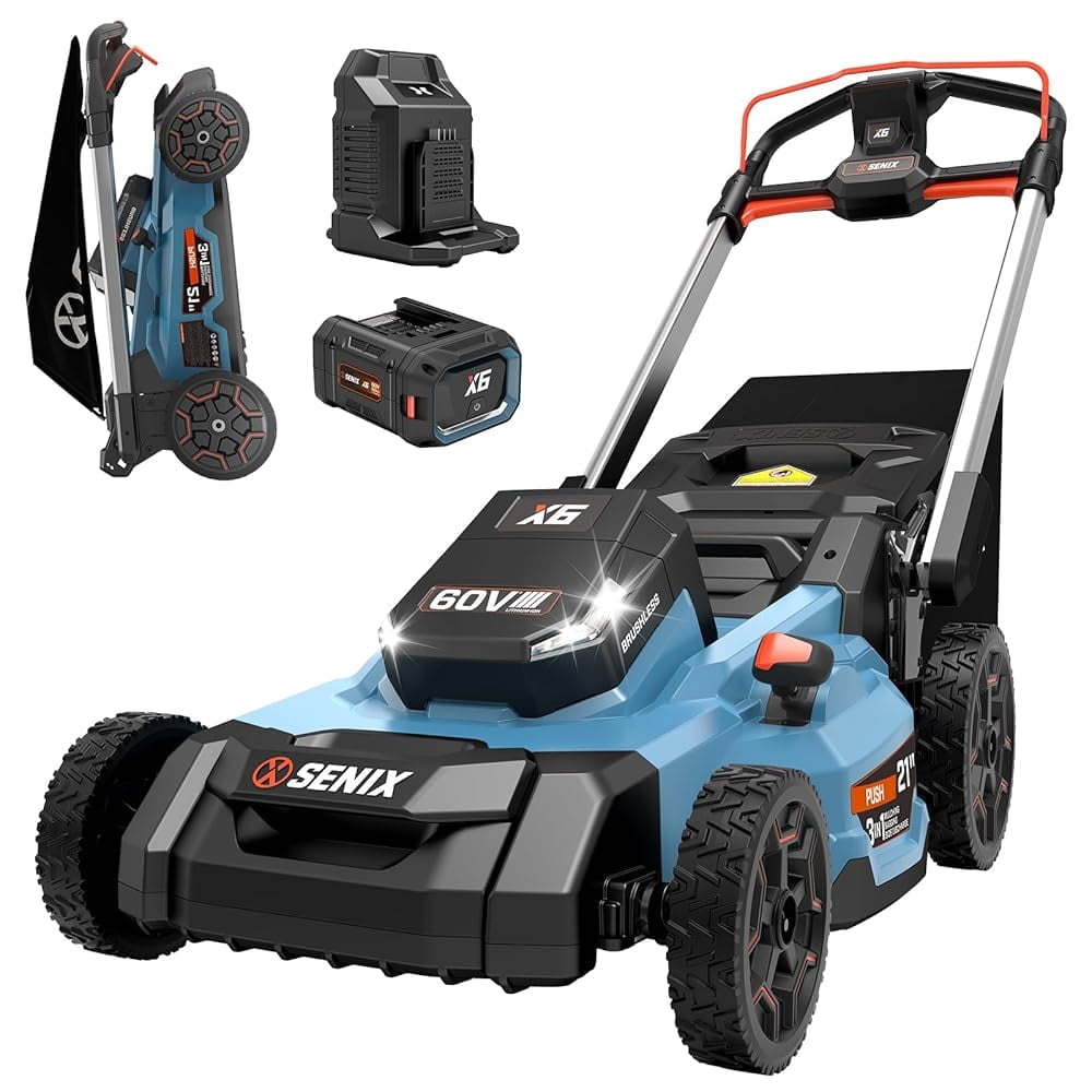 SENIX X6 60V Max* Brushless Push Lawn Mower 21in Blade 22in Deck with 6Ah Battery & Rapid 8A Charger, 3-in-1, Smart LED Display, 7-Position Height Adjustment, 3-Mode Available LPPX6-H