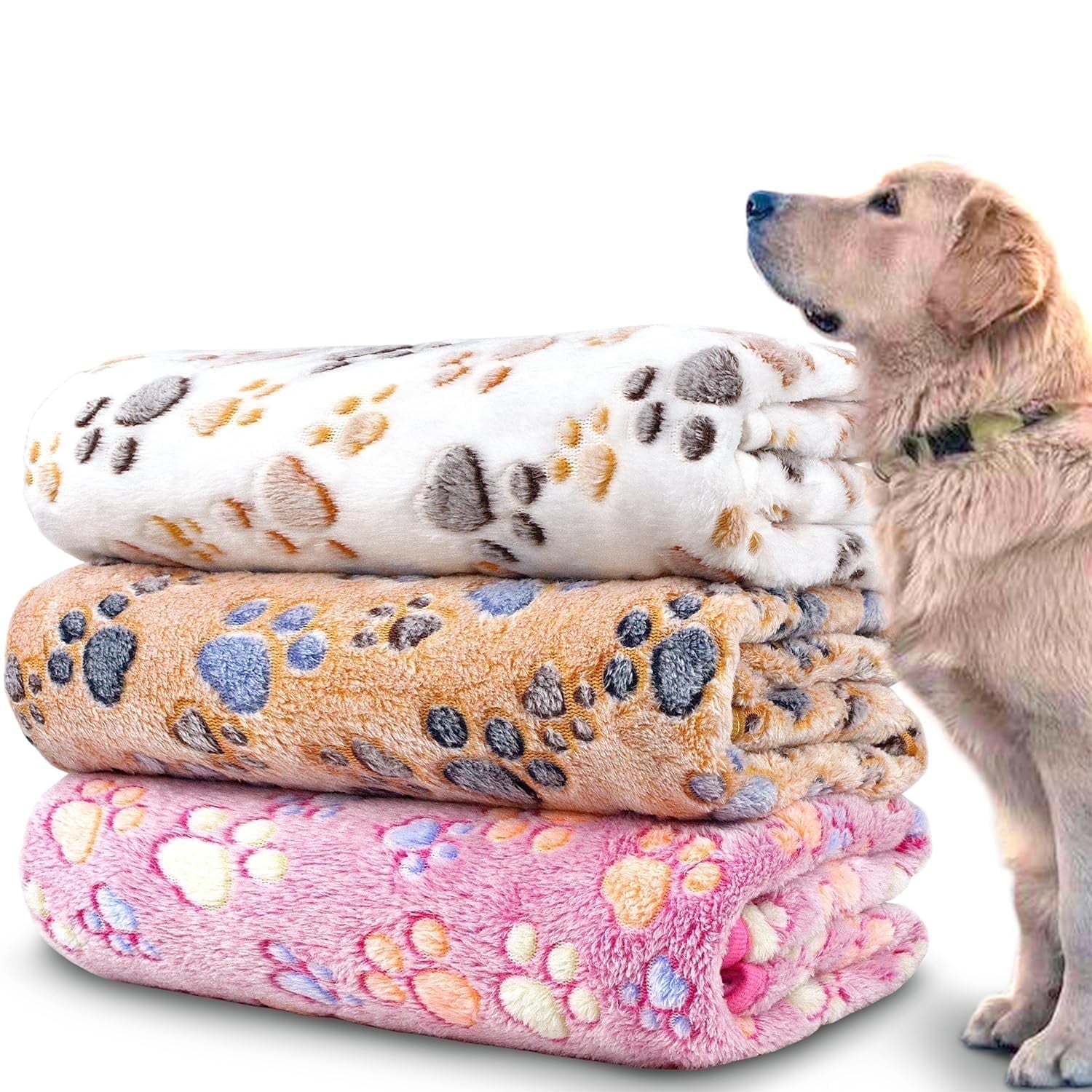 ZOUYUE 1 Pack 3 Pet Blankets for Dogs,Super Soft Fluffy Pet Blanket for Dogs and Cats,Cat Blankets and Throws Paw Brown/Pink/White Medium(20.5x30 inch)