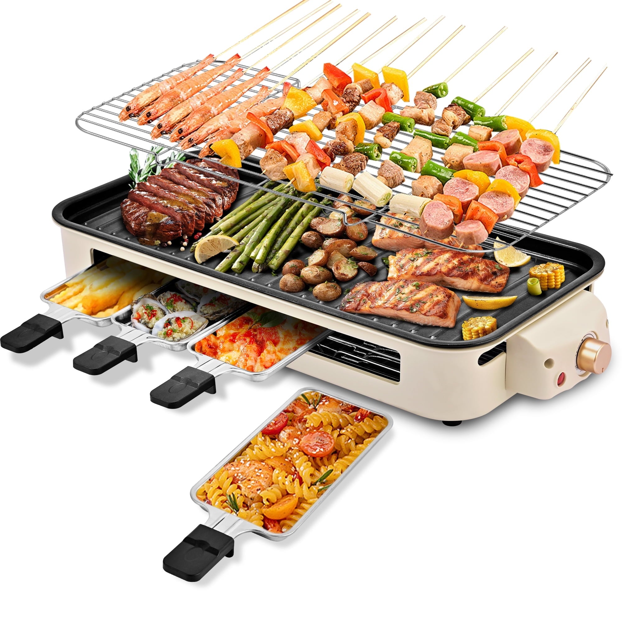 SUSTEAS 2-in-1 Indoor Electric Grill & Griddle, 1800W Smokeless Non-Stick Removable Plate with Temperature Control, Dishwasher Safe, Large Cooking Surface for Versatile Kitchen Use (Lage Beige)