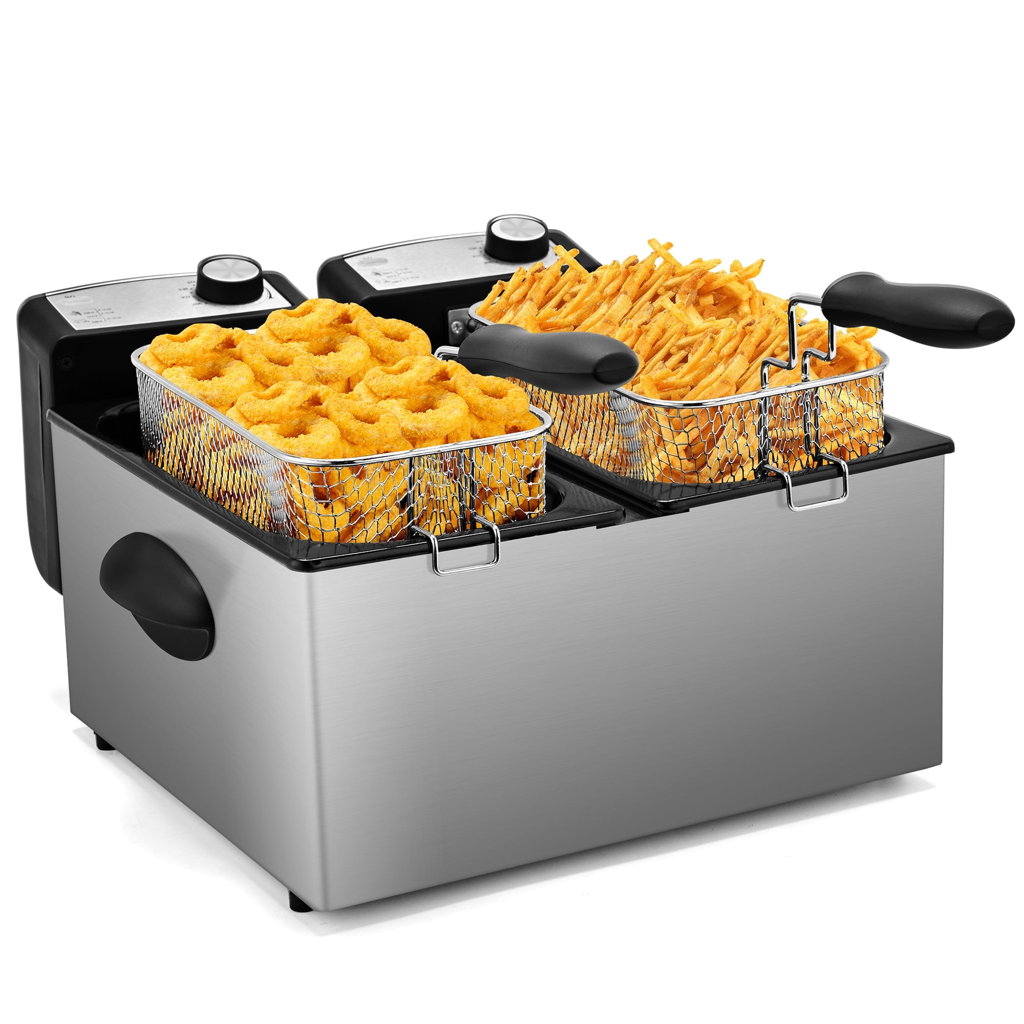 SUSTEAS 6.4 QT Stainless Steel Double Fryer with Removable Lids - 3000W Fast Heating, Adjustable Temperature Control & Overheat Protection - Safe & Efficient Deep Fryer for Home Kitchen