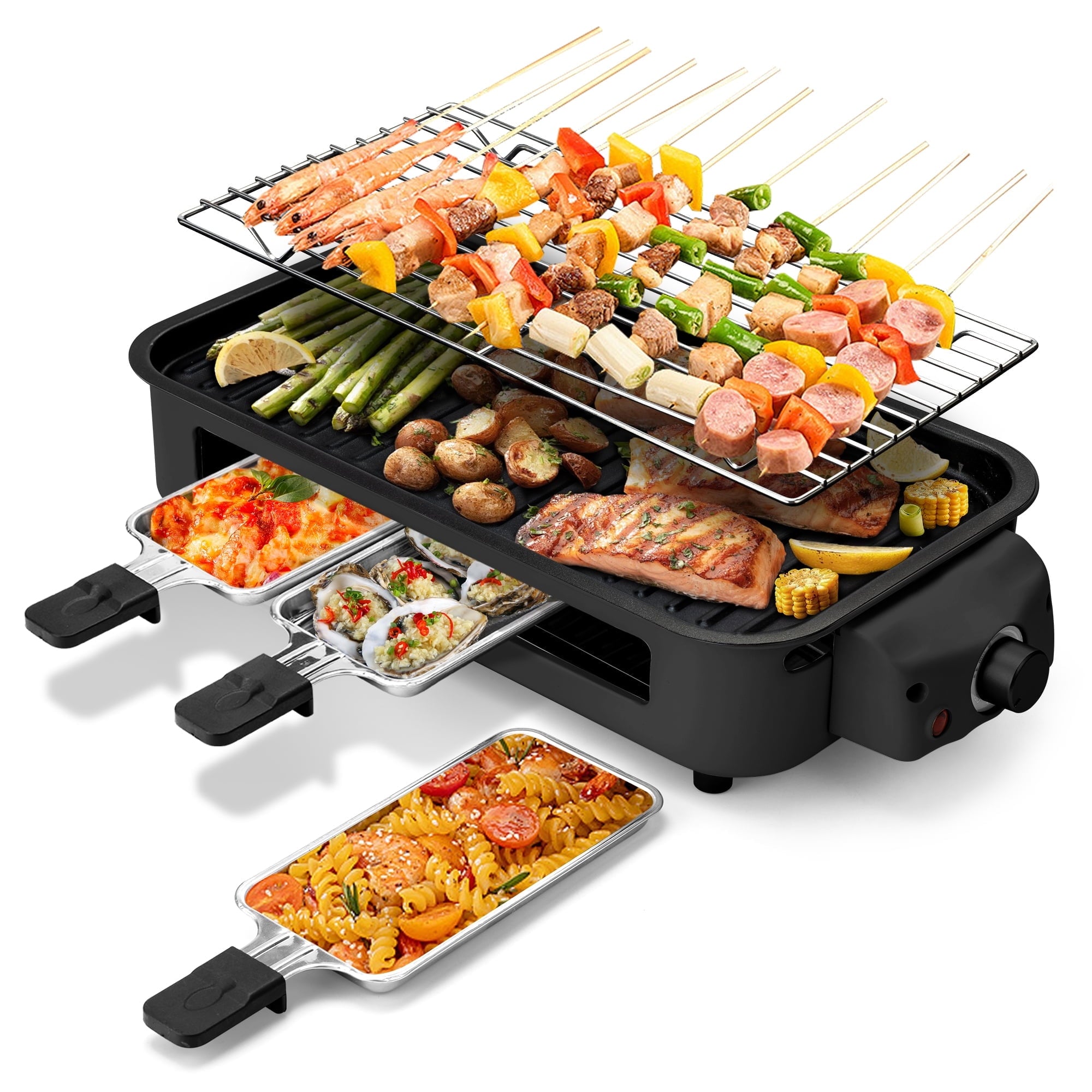 SUSTEAS 1500W Indoor Electric Smokeless Grill ¨C Non-Stick Grill with 3 Mini Raclette Pans, Ideal for Grilling, Roasting & Frying, Easy to Clean (Black)