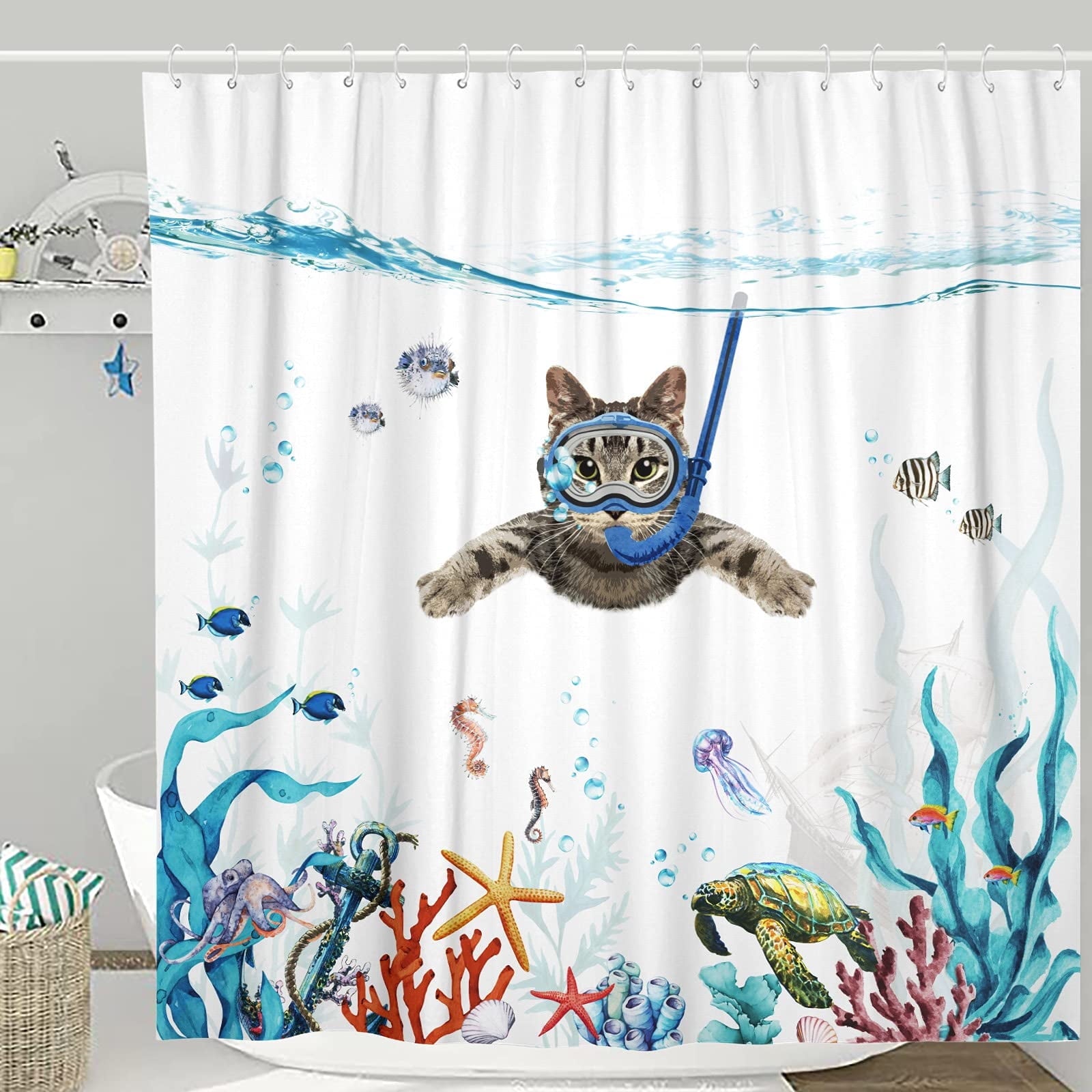 Shower Curtain Set Teal Blue Sea Ocean Waterproof Fabric Funny Cat Shower Curtains Bathroom Curtain Decor (Blue, 72\"¡Á 72\")