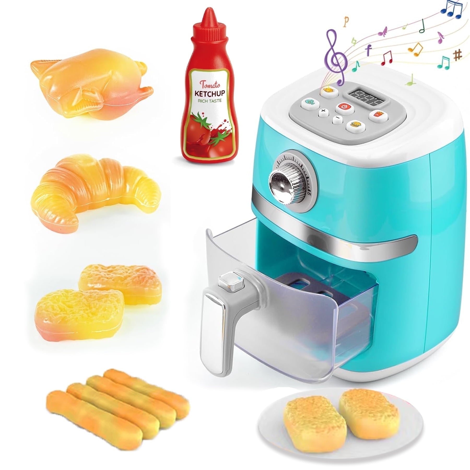 Kids Play Kitchen Set, Toy Air Fryer Set, Chef Pretend Play Including Color Changing Food, Cooking Toys with Sound&Light for Boys Girls 3 4 5 6