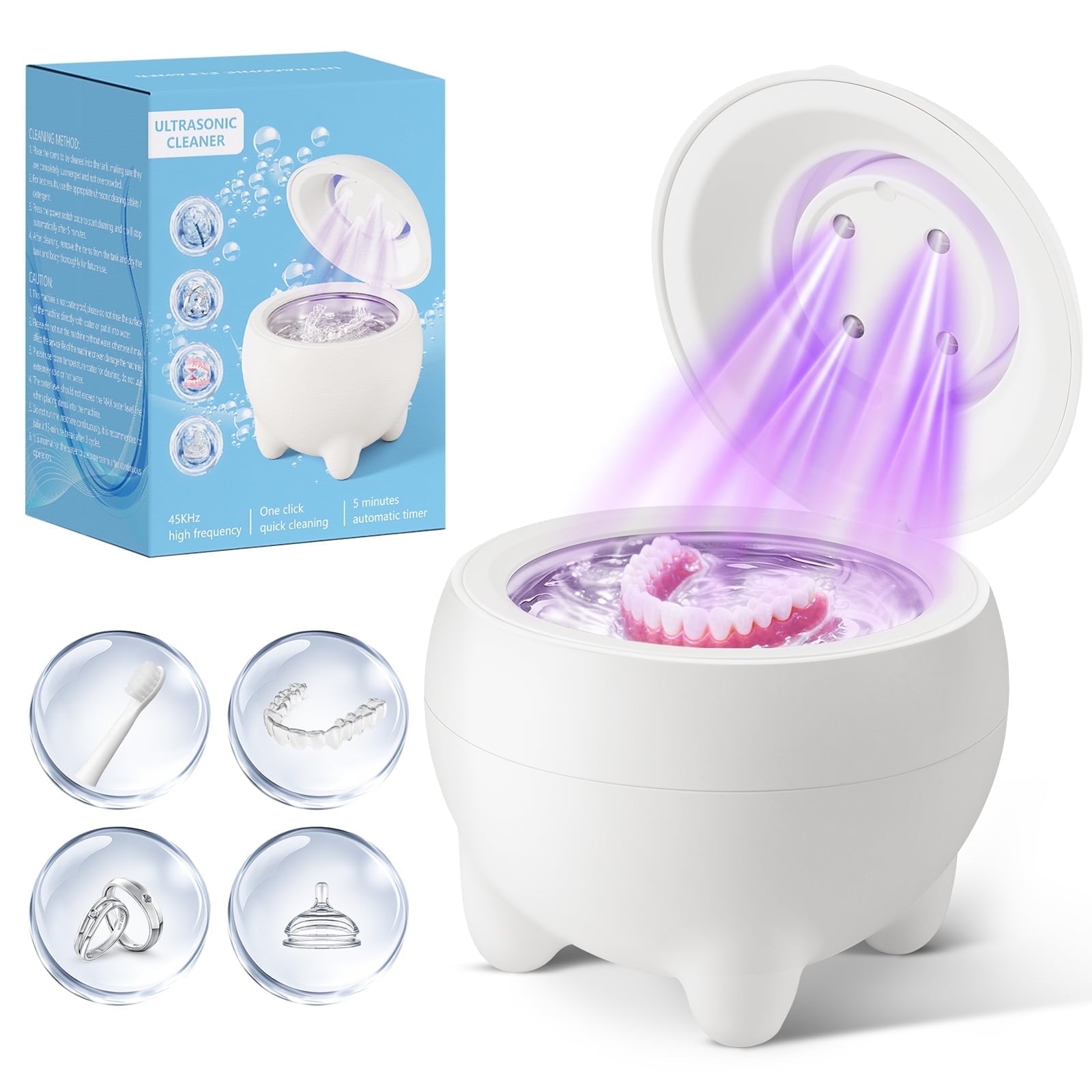 Ultrasonic Retainer Cleaner, 45kHz Dental Cleaning Machine for Dentures, Aligners, Mouth Guards, Braces, Toothbrush Heads, Jewelry Cleaner, 4 Modes, Low Noise (White)