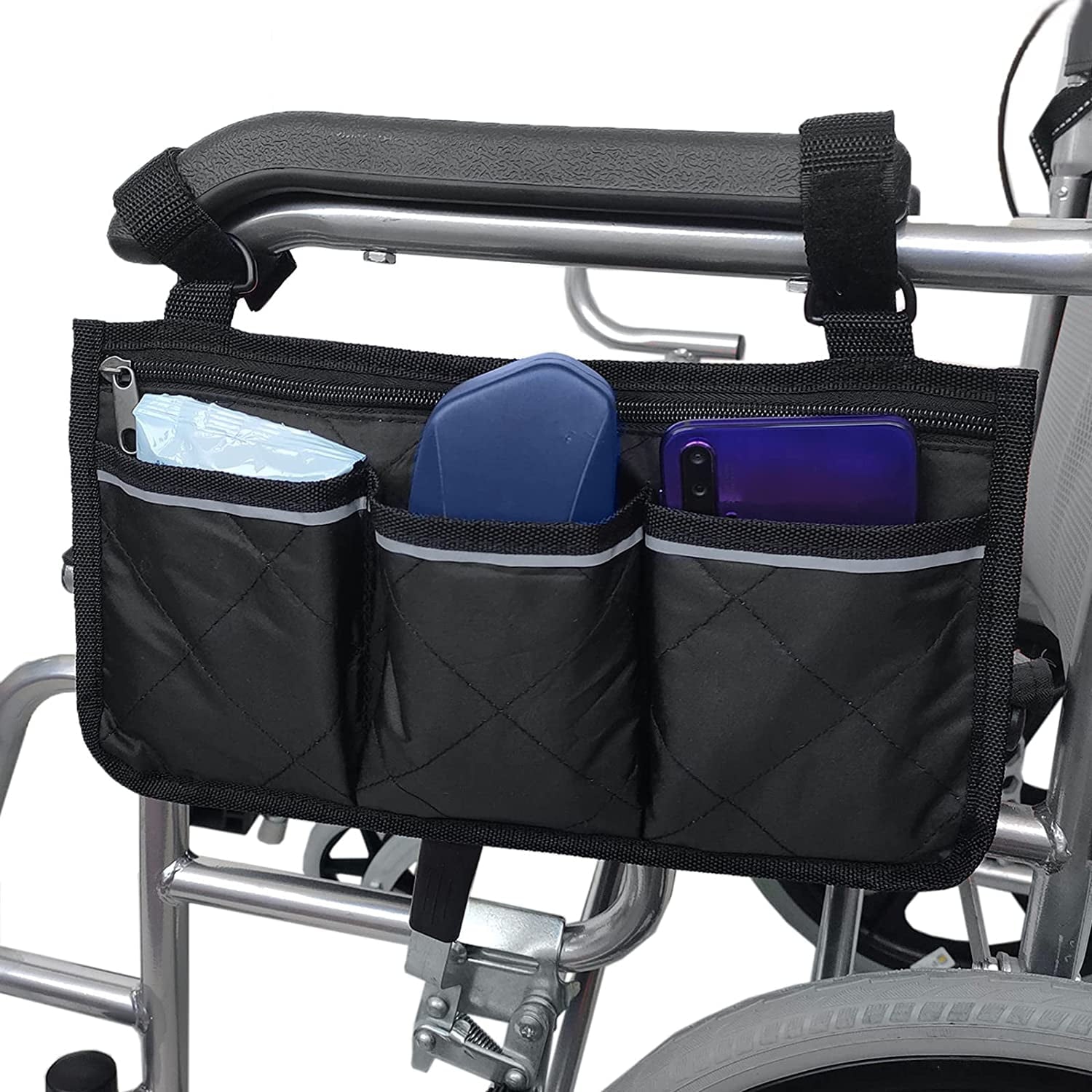 Wheelchair Armrest Side Bag, Waterproof Armrest Pouch Bag with Bright Line,Wheelchair Side Organizer for Walkers, Rollators, Scooters (Black)
