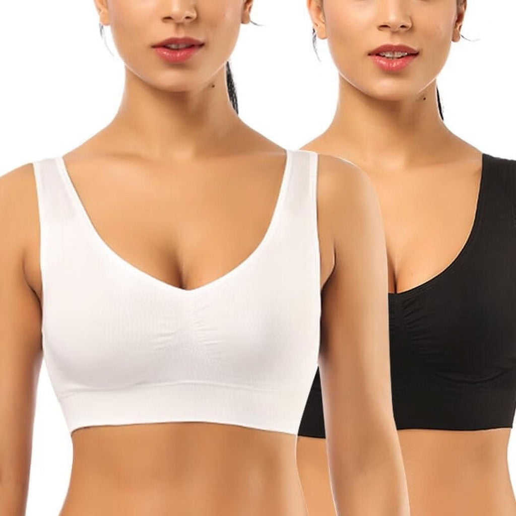 Women's Comfort Medium Support Pullover Wireless T-Shirt Bra,Seamless Wire-Fre Shirred Front Sport Bra With Removable Pads,2-Pack