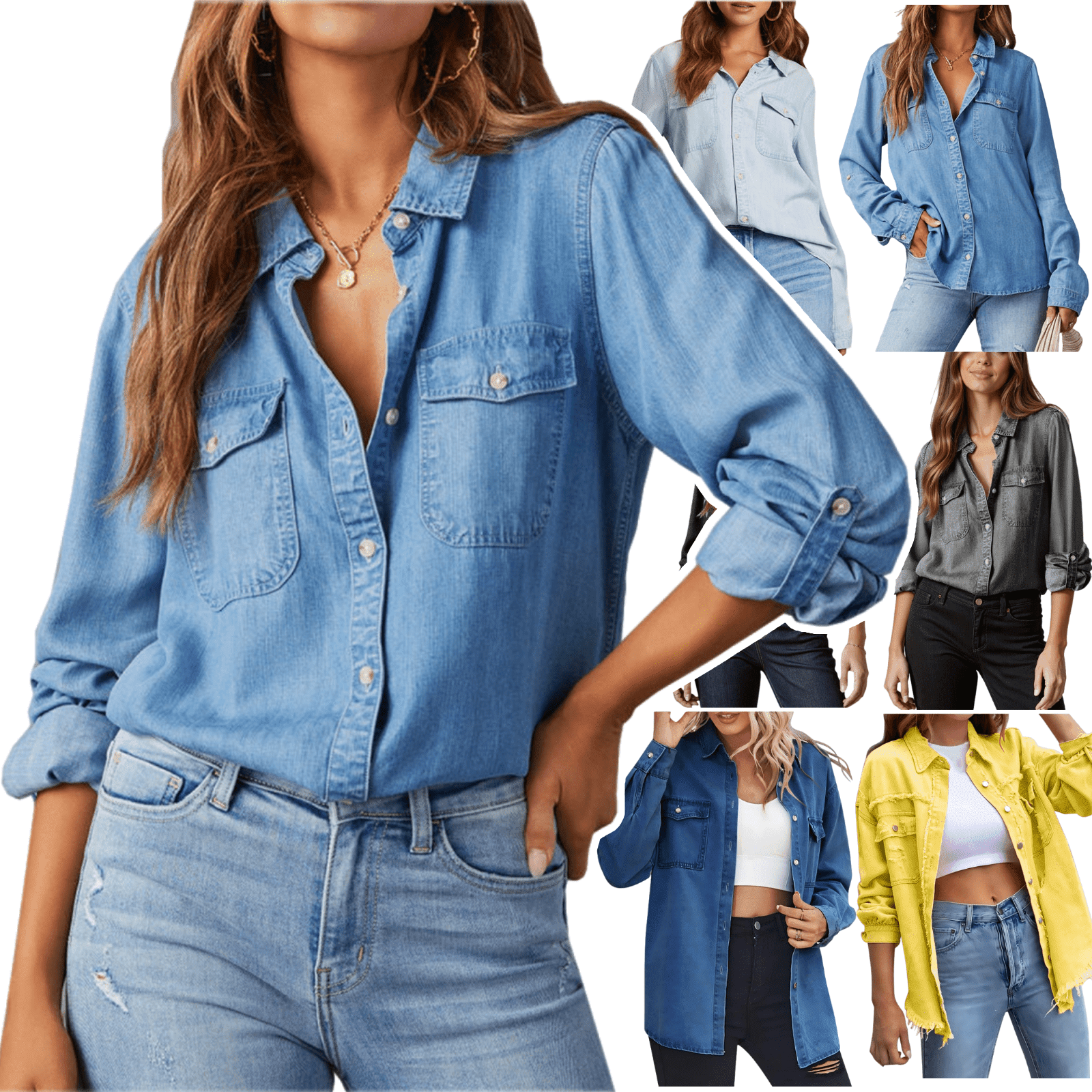 Xdegoge Denim Shirts Women Oversized Button Down Long Sleeve Blouse Collared Casual Jean Shirts with Pockets Trendy Loose Fit Tops Dressy Casual Work Blouses Streetwear Going Out Tops Fashion