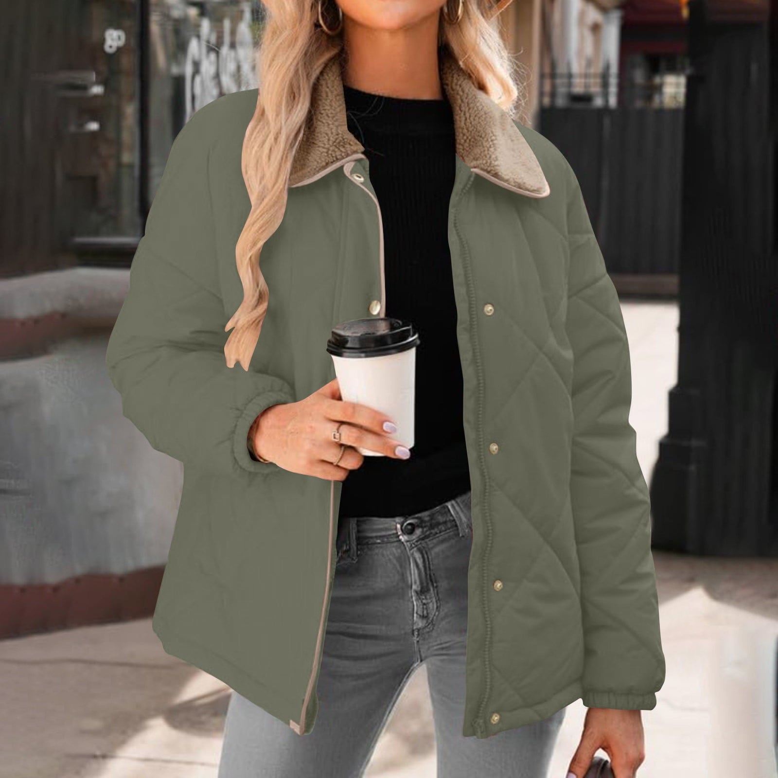 Xdegoge Quilted Jackets for Women Lightweight Winter Casual Long Sleeve Button Down Puffer Coats Sherpa Lapel Collar Padded Trendy Barn Jacket Outerwear
