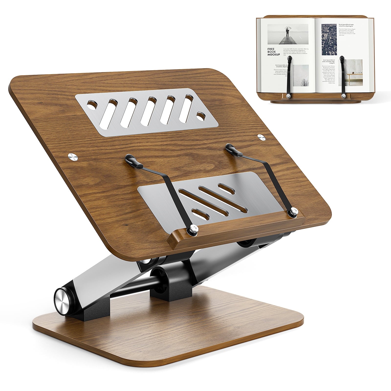 YTAKY Book Stand for Reading,Adjustable Book Holder with 360¡ã Swivel Base & Page Clips,Wooden Panel Aluminium Base,Suitable for Music Scores, Recipe, Tablet, Laptop
