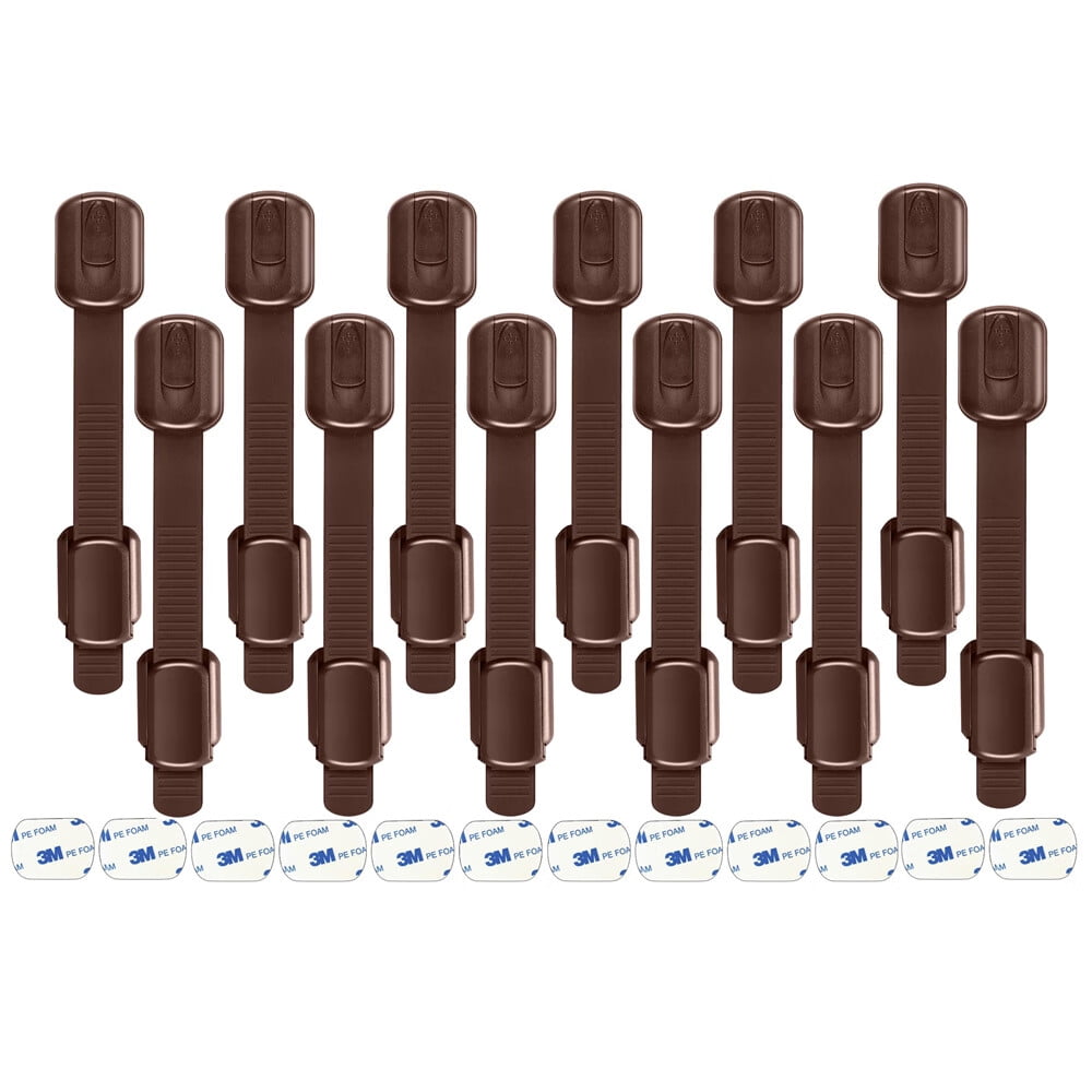 12 Pack Baby Locks Child Safety Cabinet Proofing - Safe Quick and Easy 3M Adhesive Cabinet Drawer Door Latches No Screws & Magnets Multi-Purpose for Furniture Kitchen Ovens Toilet Seats-Brown