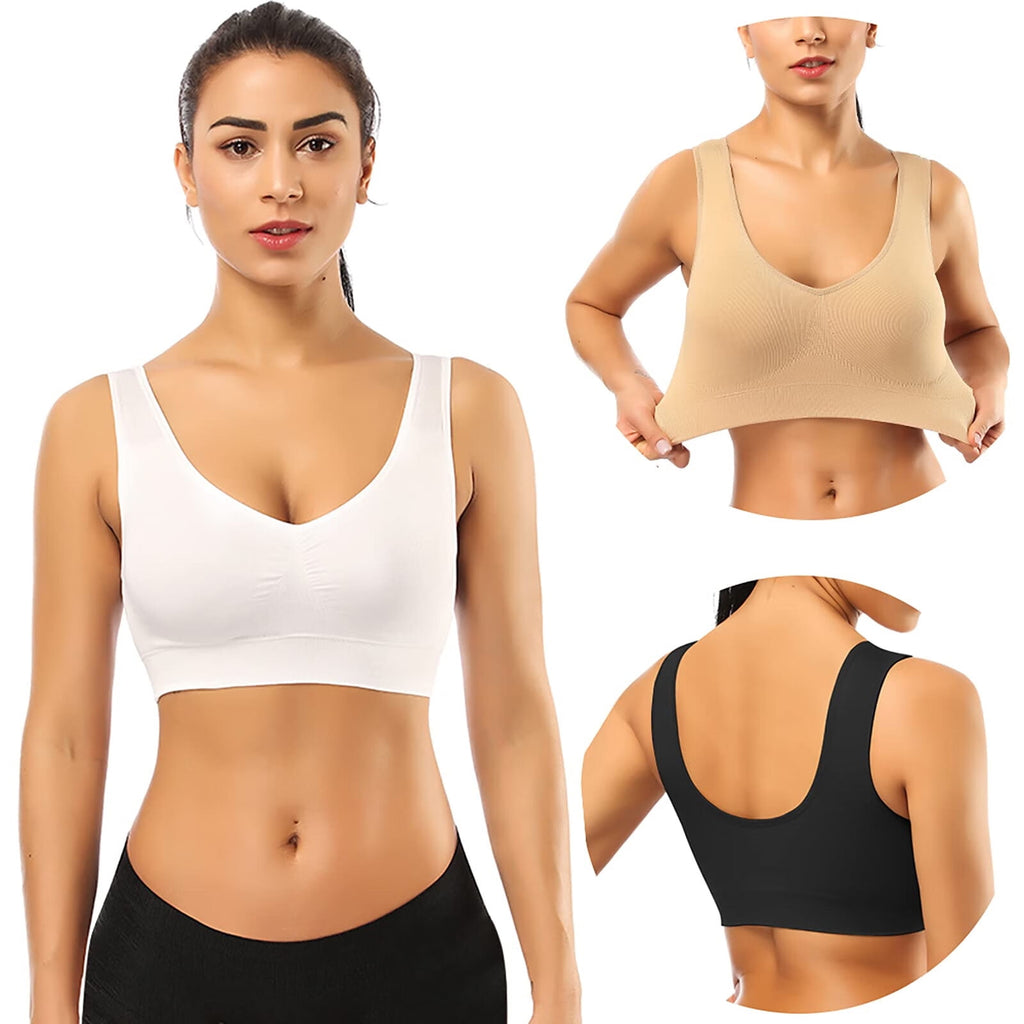 3 Pack Sports Bra for Women - Comfortable Sleep Bra Seamless Stretchy Workout Yoga Bra with Removable Pads