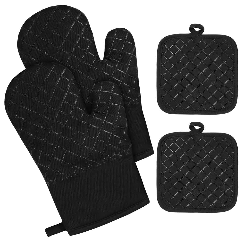 ZOUYUE Silicone Pot Holders and Oven Mitts Sets Kitchen Gloves Heat-Resistant Non-Slip for Baking Cooking Black 4 Pieces