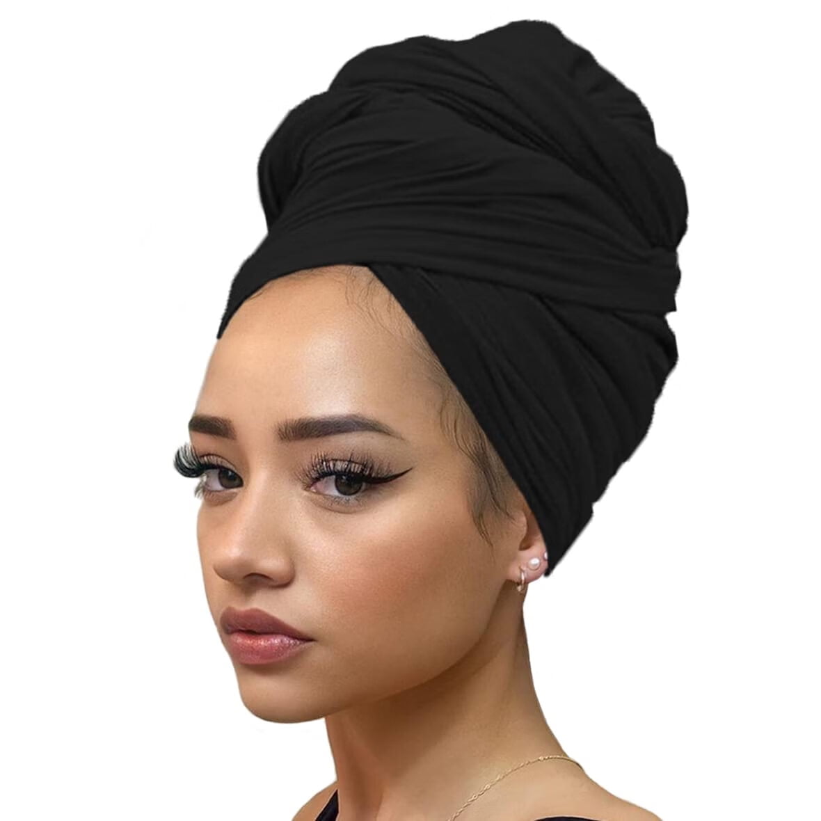 ZOUYUE Stretch Jersey Turban Head Wraps Long Solid Color African Shawl Hair Scarfs Lightweight Breathable Head Bands Ties for Black Women(Black)