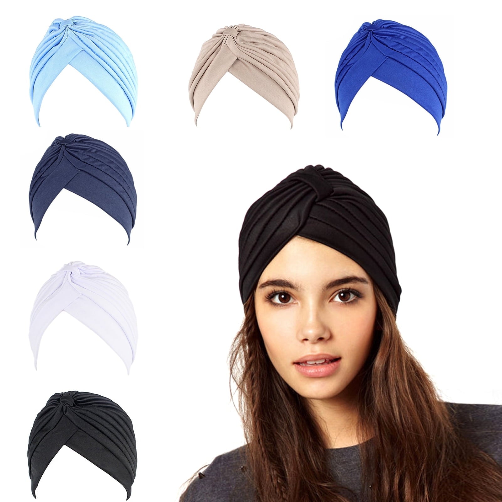 ZOYUE 6 Pieces Turbans for Women Soft Pre Tied Knot Fashion Pleated Turban Cap Beanie Headwrap Sleep Hat, 6 Colors
