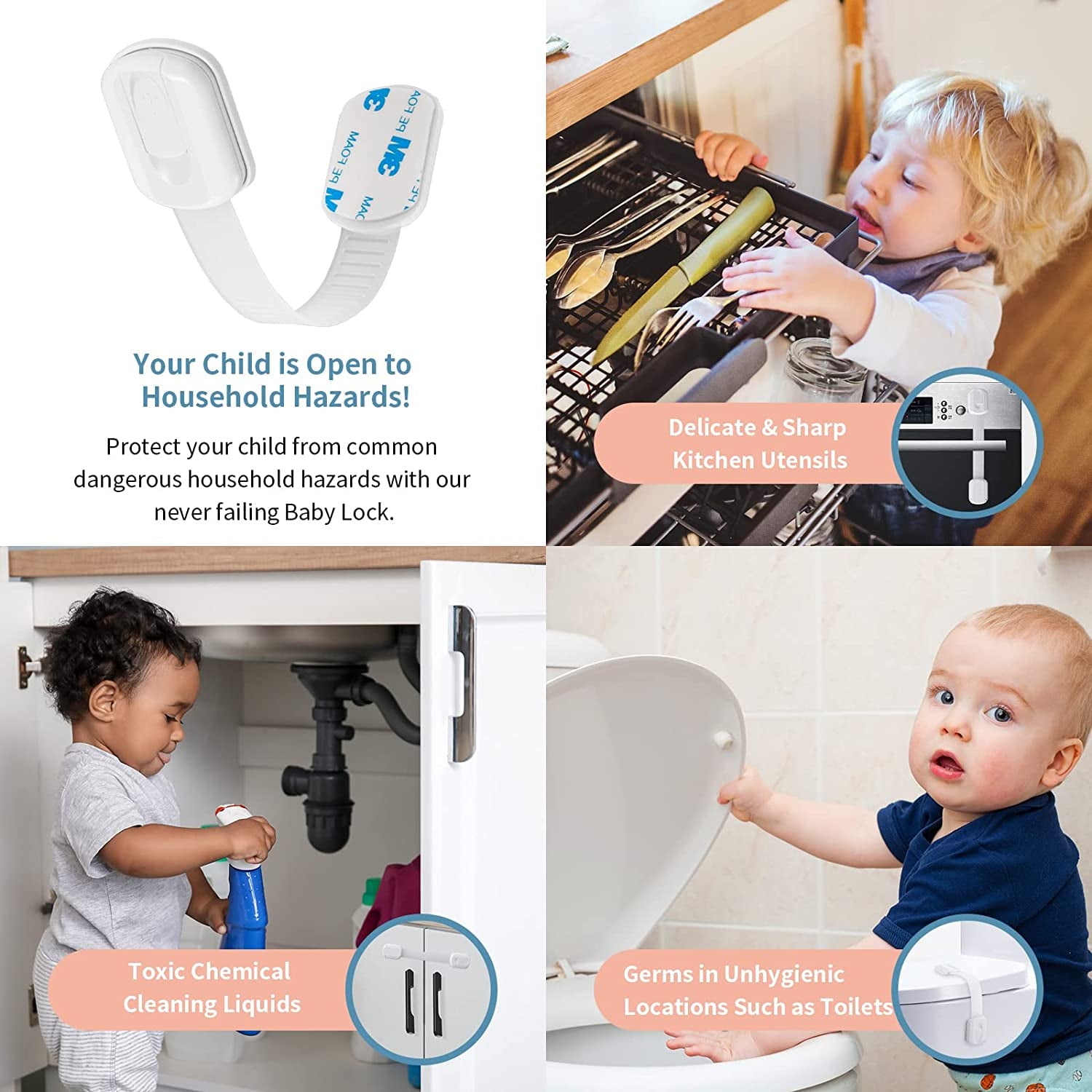 10 Pack Baby Safety Straps Locks, Multi-Use Childproofing Baby Proofing Cabinet Latches Lock, Adjustable Strap,No Drilling Required,Easy Installation,White