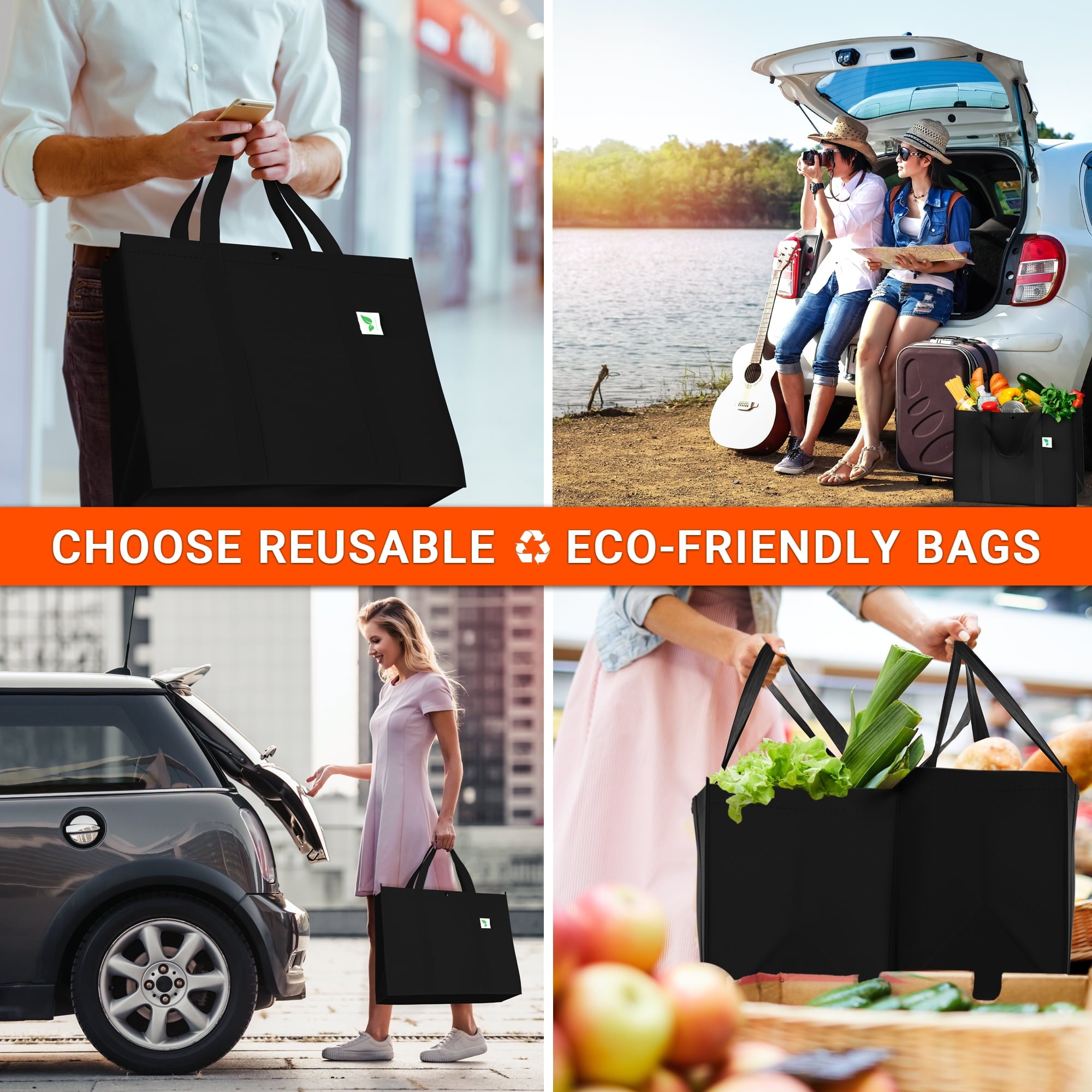 Reusable Grocery Bags (3 Pack, Black) - Hold 50+ lbs - Large & Super Strong, Heavy Duty Shopping Bags - Grocery Tote Bag with Reinforced Handles & Thick Plastic Support Bottom