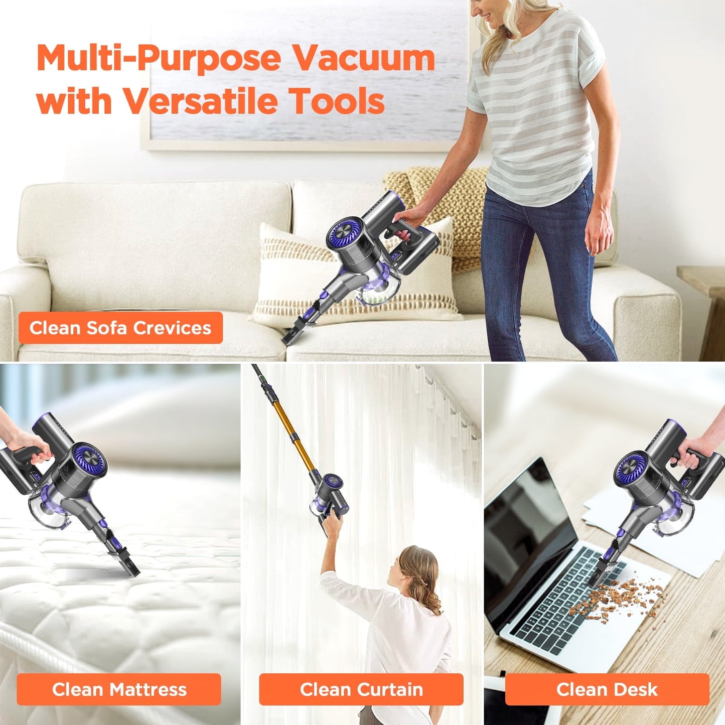 Bossdan Vacuum Cleaner, 4 in 1 Cordless Stick Vacuum Cleaner with Powerful Suction for Hardwood