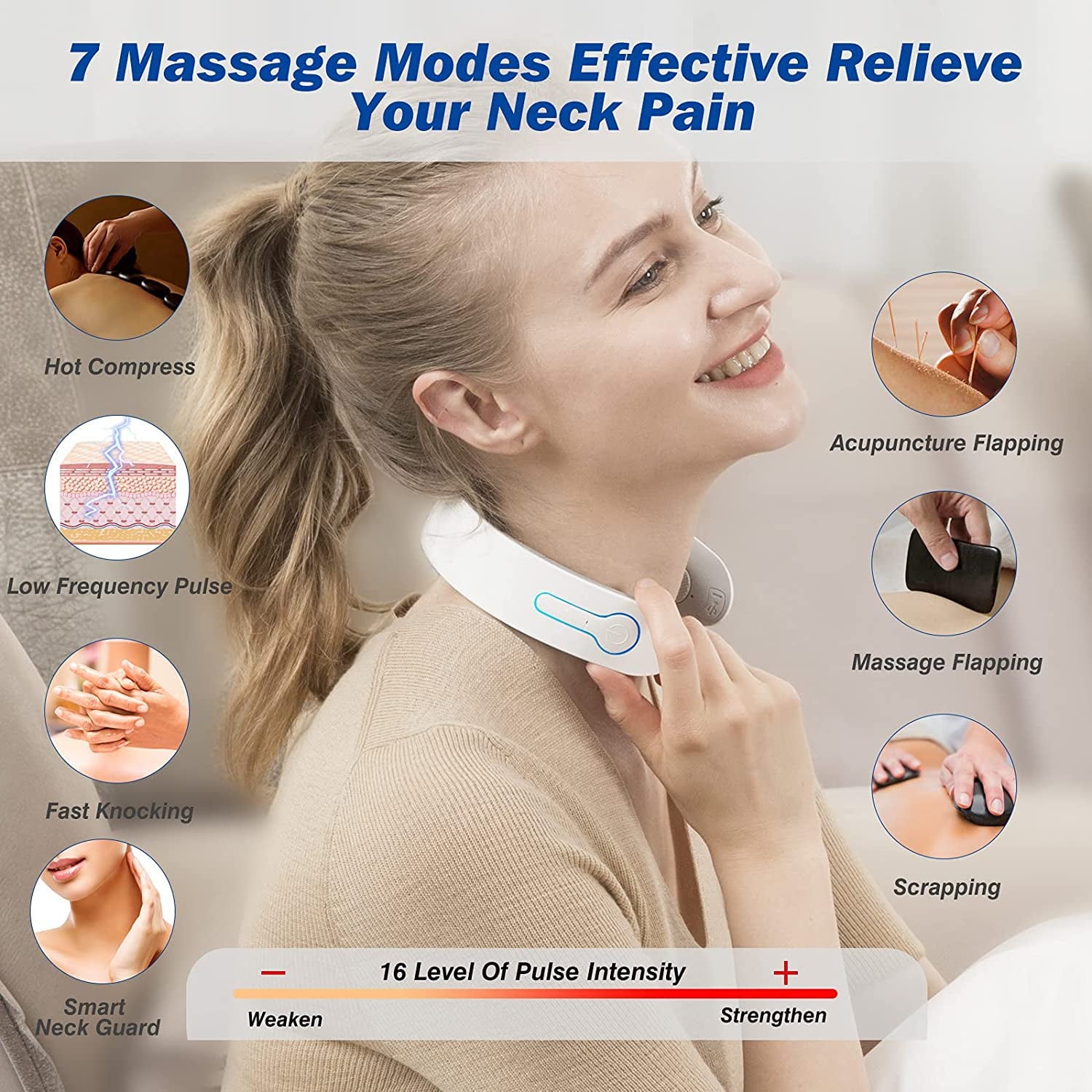 Electric Neck Massager Intelligent Massage for Pain Relief Cordless 6 Modes Gifts, White