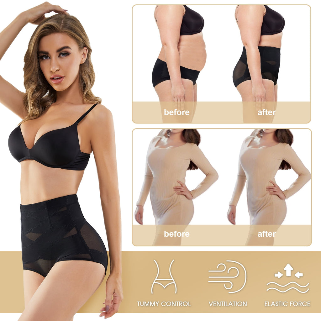 Double Tummy Control Panty Waist Trainer Body Shaper,High Waisted Shapewear for Women,Black+Nude,M