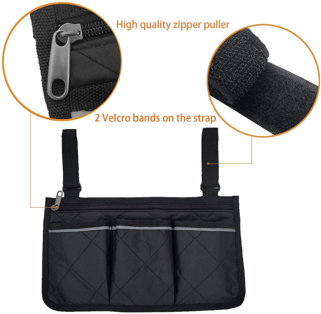 Wheelchair Side Bag, Waterproof Armrest Pouch Bag with Bright Line Black Storage Organizers for Walkers, Rollators, Scooters