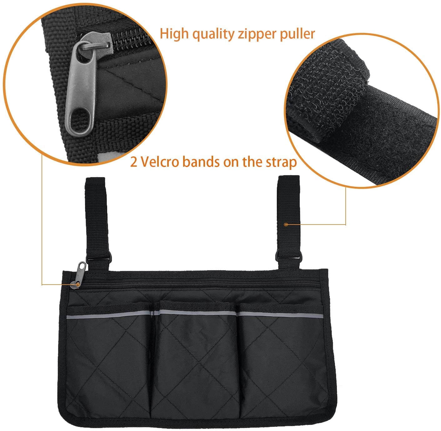 Wheelchair Side Bag, Waterproof Armrest Pouch Bag with Bright Line Black Storage Organizers for Walkers, Rollators, Scooters