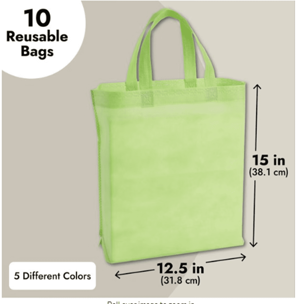10 Pack Reusable Grocery Bags, Non-woven Fabric Tote Favor Bag Set, 5 Colors, 15 x 12.5 in