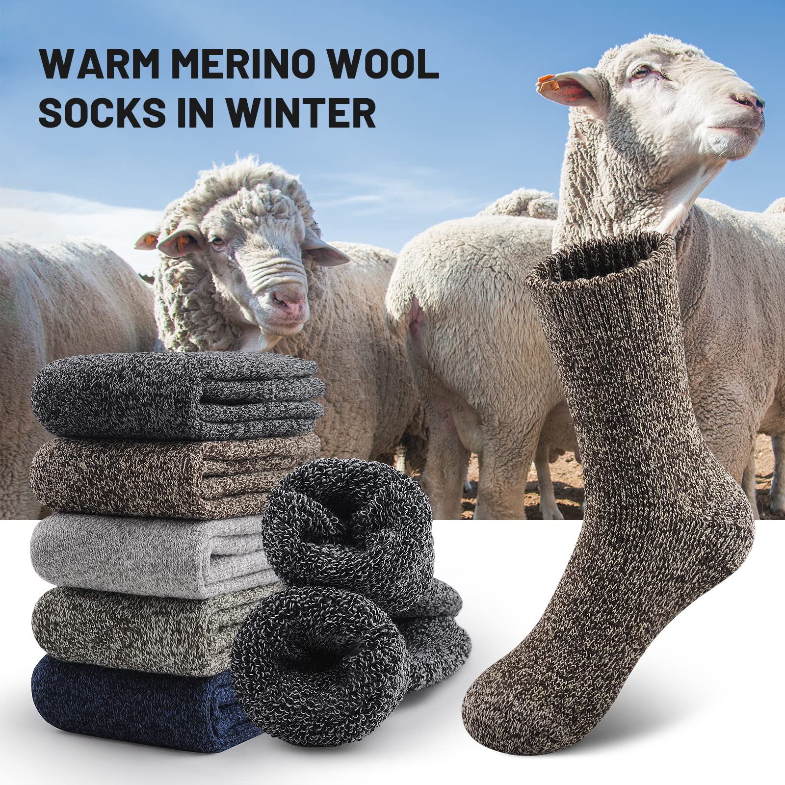Merino Wool Hiking Socks 5 Pairs for Men & Women Thermal Winter Warm Moisture Wicking Cushion Boot Socks
