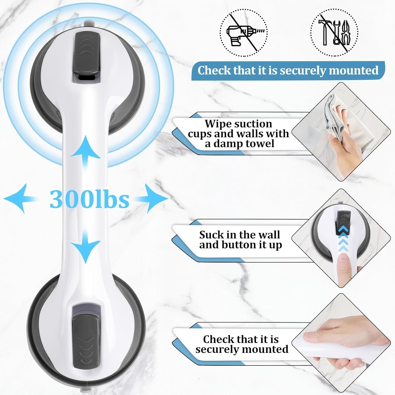Shower Handle Grab Bars Bathtubs - 2Packs 12inch for Bathroom with Strong Hold Suction Cup, Balance Bar Safety Hand Rail for Injury, Senior, Elderly Black
