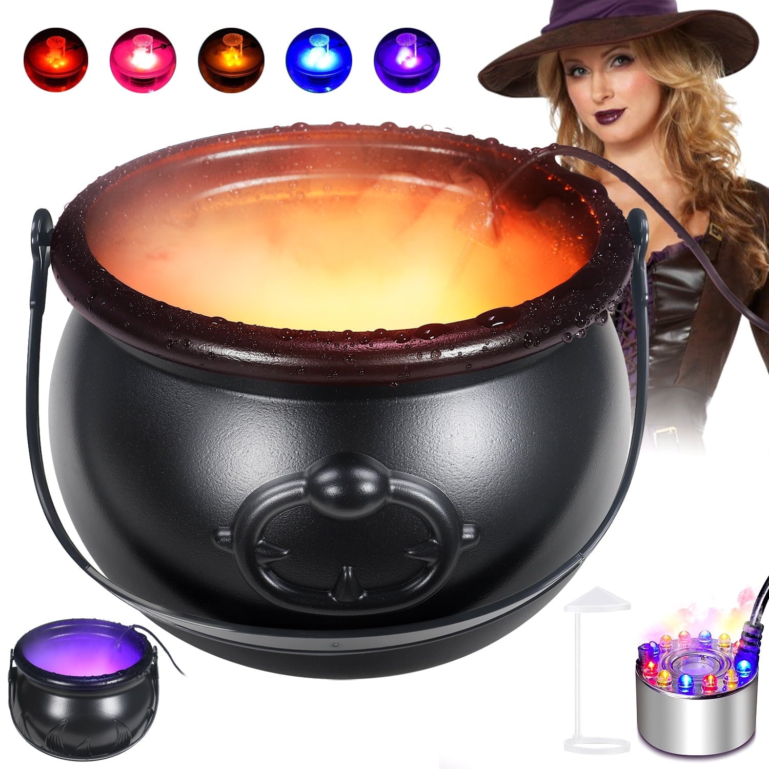 Qunler Halloween Witch Pot Fogger Machine, Halloween Party Mist Maker with 12 Color-Changing LED Lights, Ideal for Halloween Decoration, 2 Pots Included, Black