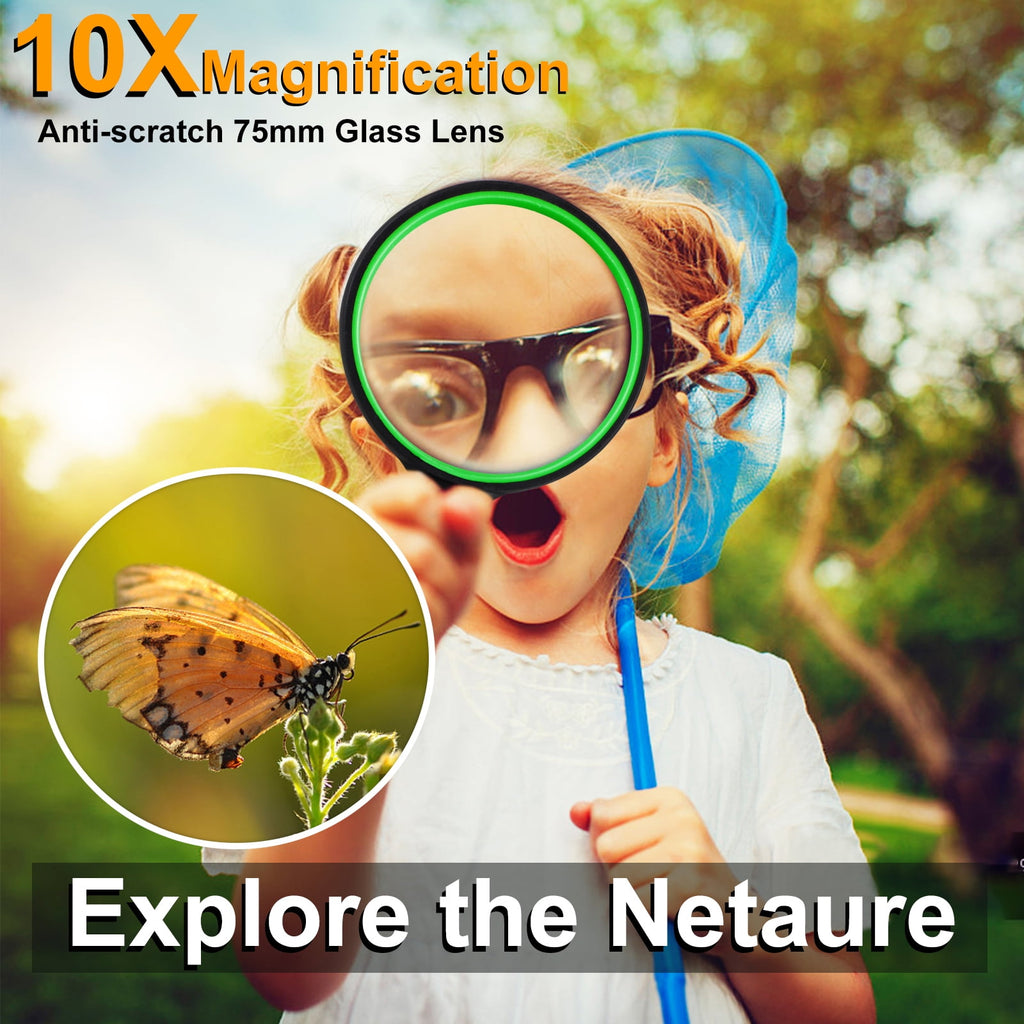 10X Magnifying Glass, Handheld Reading Magnifier with 75mm Non-Scratch Glass Lens, Non-Slip Handle, Rope, for Seniors Reading, Hobbies, Classroom Science