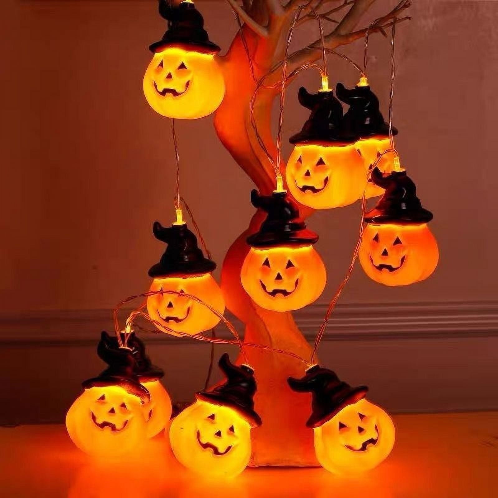 Halloween Pumpkin String Lights with Witch Hat, 20 LED 9.84 FT  3D Waterproof Orange Jack-O-Lantern Battery Operated Flickering Lights for Indoor Outdoor Decor Party Decorations