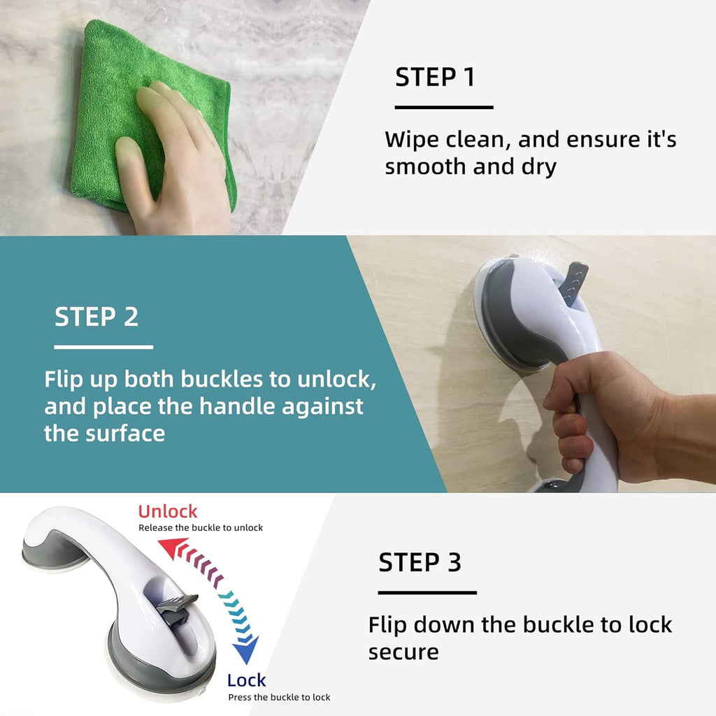 2 Pack Shower Grab Bars - TIFOR 12 Inch Grey Suction Bar Handles for Elderly, Seniors, Handicap, Safety Balance Assist Grip for Bathtubs, Bathroom, Toilet - Anti-Slip, Shower Handles Hand Rail