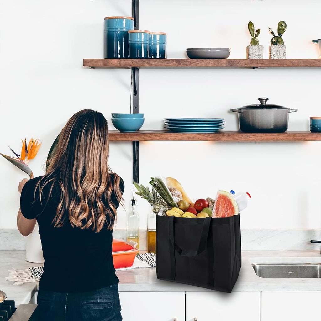 Reusable Grocery Bags,3 Pack Foldable Heavy Duty Shopping Bags,Washable Large Storage Reusable Bags,Strong Grocery Tote Bag with Reinforced Handles,Thick Plastic Support Bottom,Black