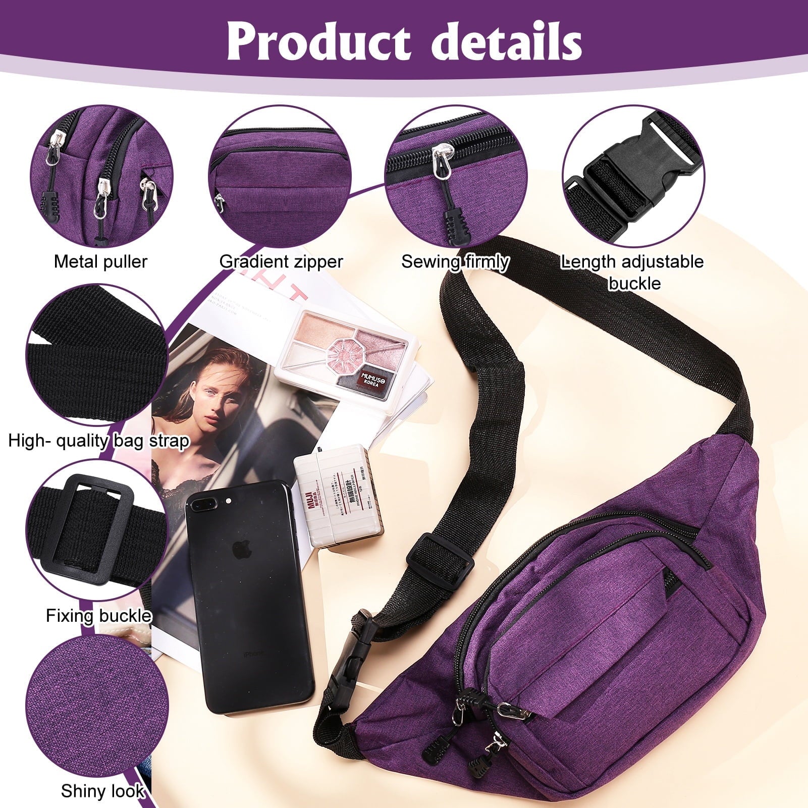 2 Pack Fanny Packs for Men Women,Crossbody Waist Bag Pack With 4-Zipper Pockets for Travel Running Hiking Workout Dog Walking Outdoors Sport Fishing Waist Pack Bag Carrying All Phones